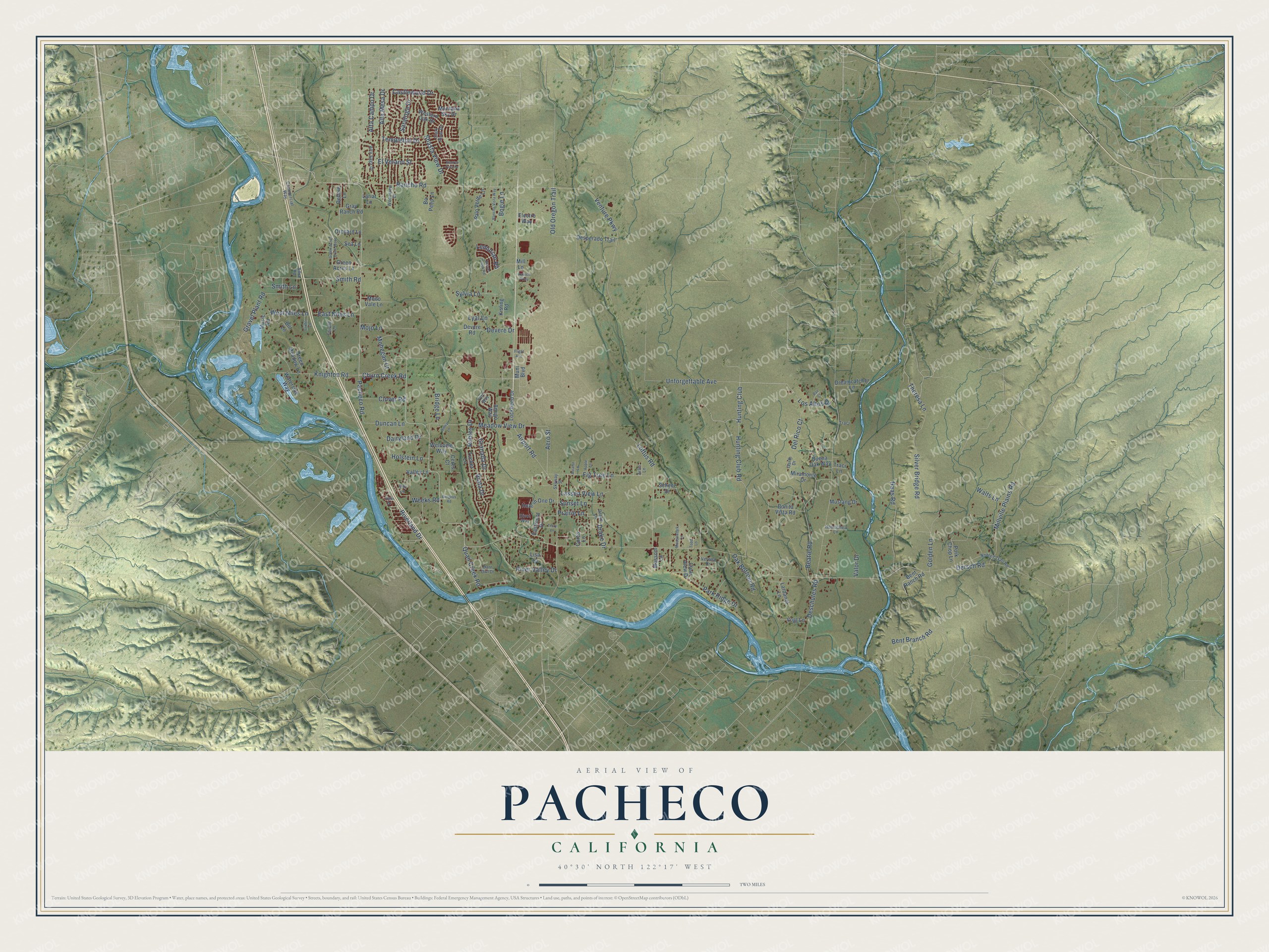 Full map of Pacheco, California, with red buildings, printed street names and the land around them