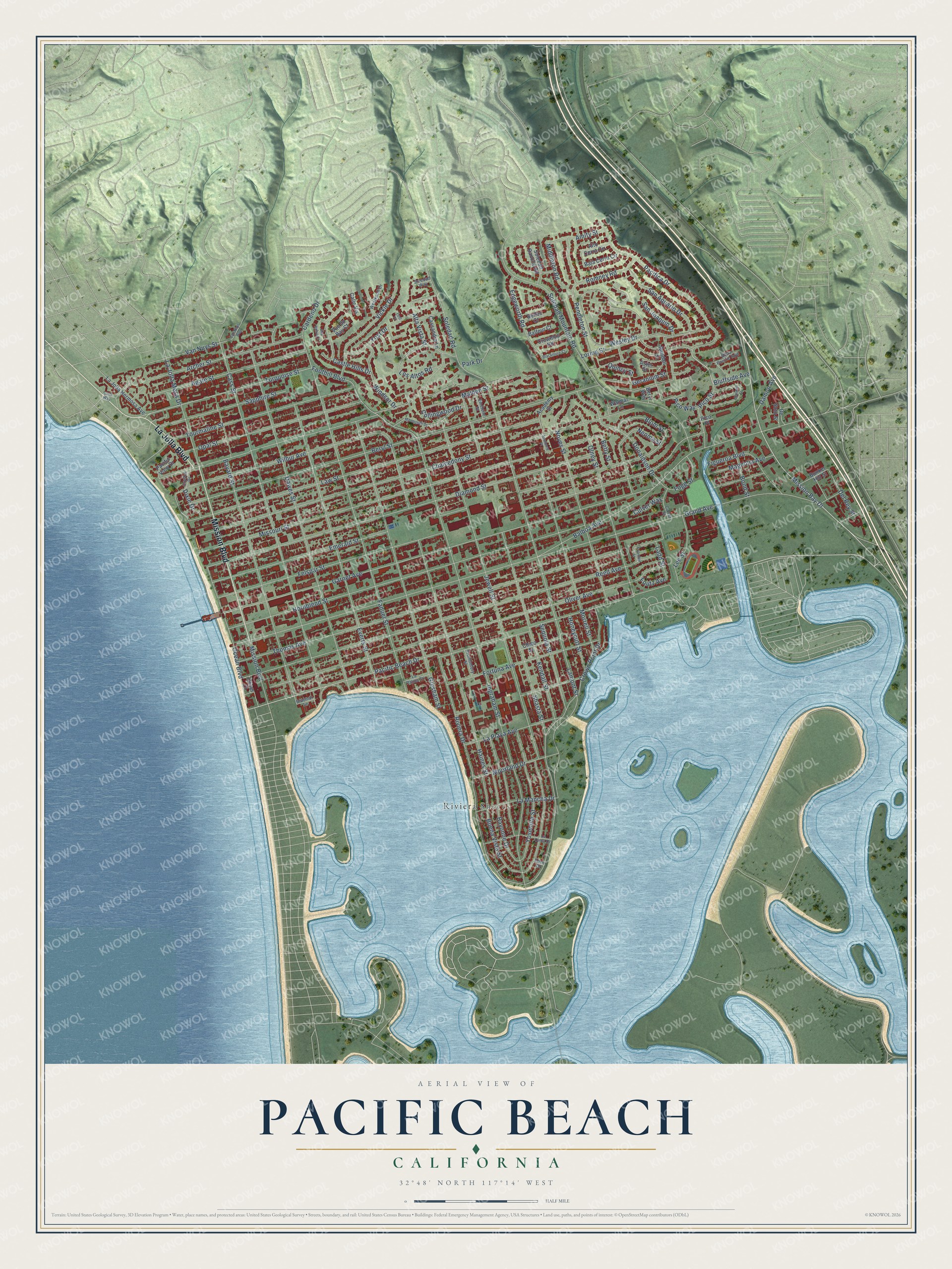 Full map of Pacific Beach, California, with red buildings, printed street names and the land around them
