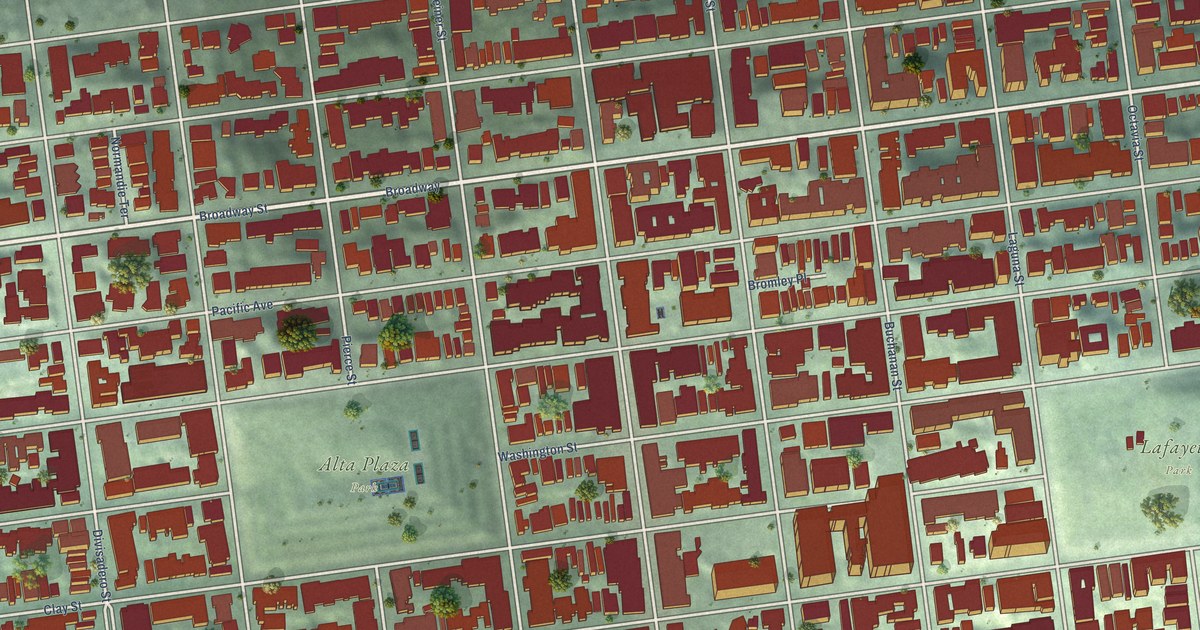 Close-up of streets and buildings in Pacific Heights, California