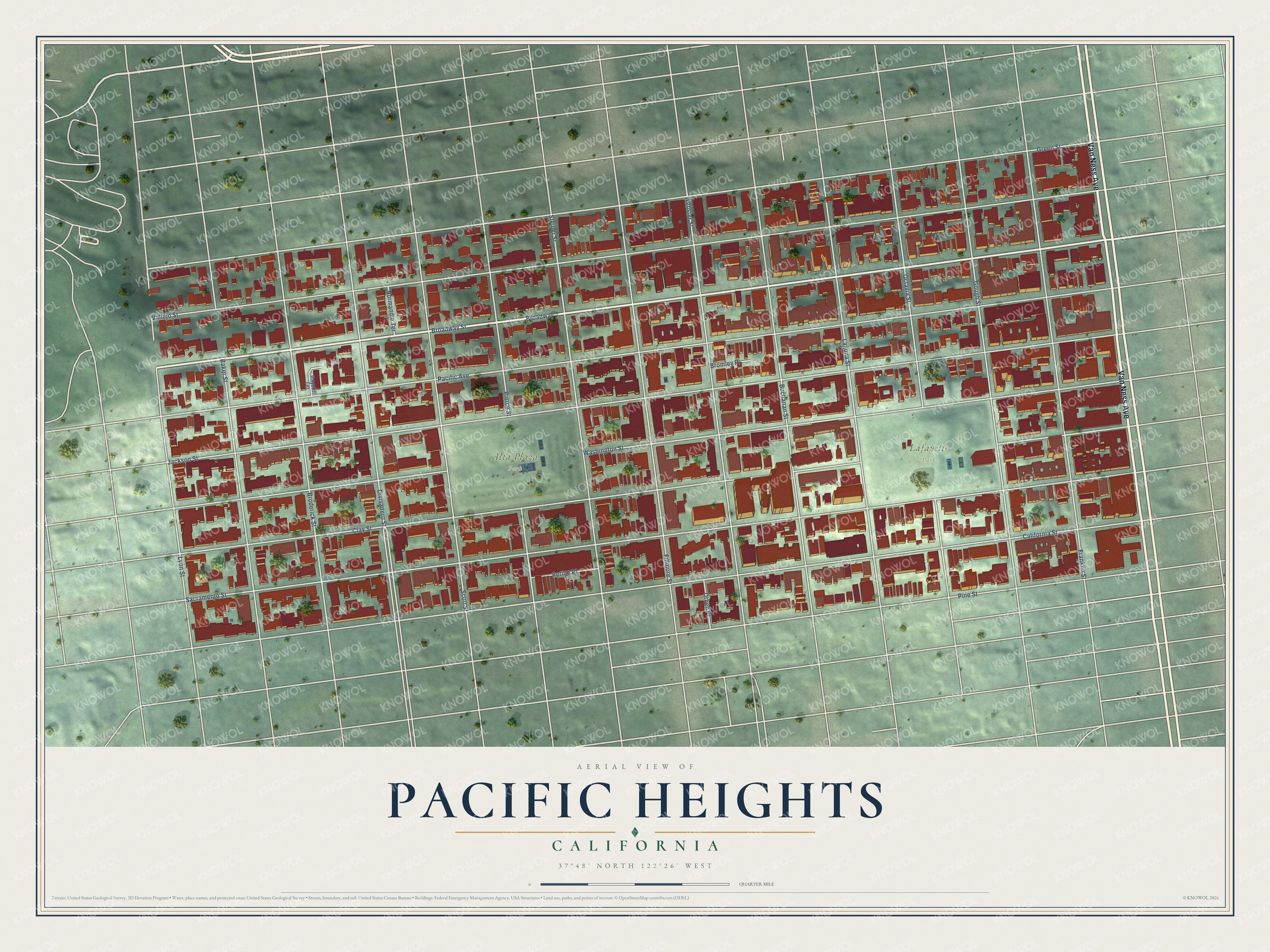 Full map of Pacific Heights, California, with red buildings, printed street names and the land around them