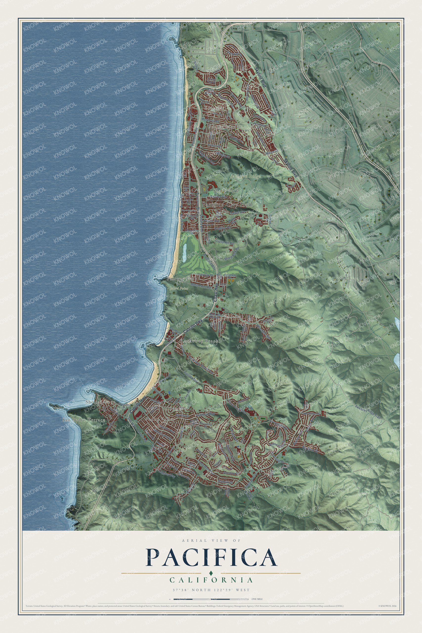 Full map of Pacifica, California, with red buildings, printed street names and the land around them