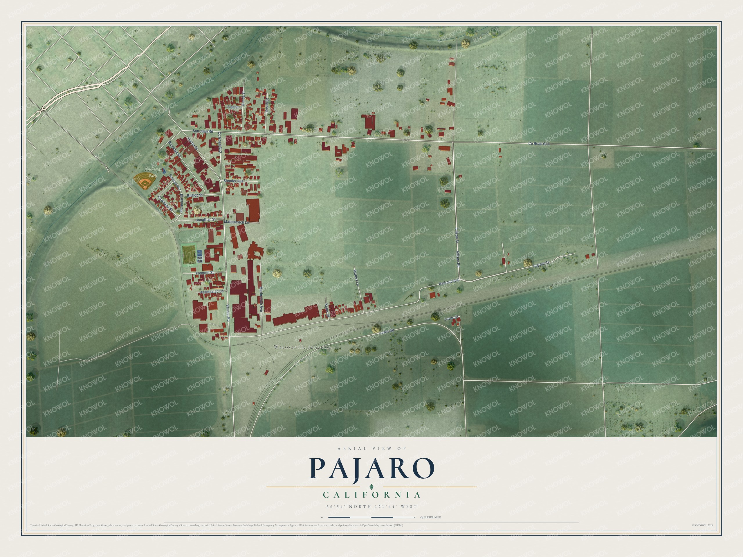 Full map of Pajaro, California, with red buildings, printed street names and the land around them