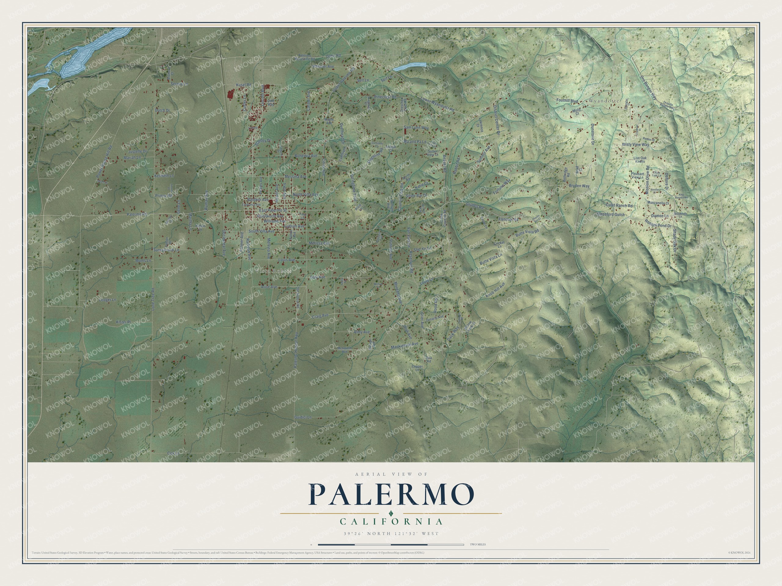 Full map of Palermo, California, with red buildings, printed street names and the land around them