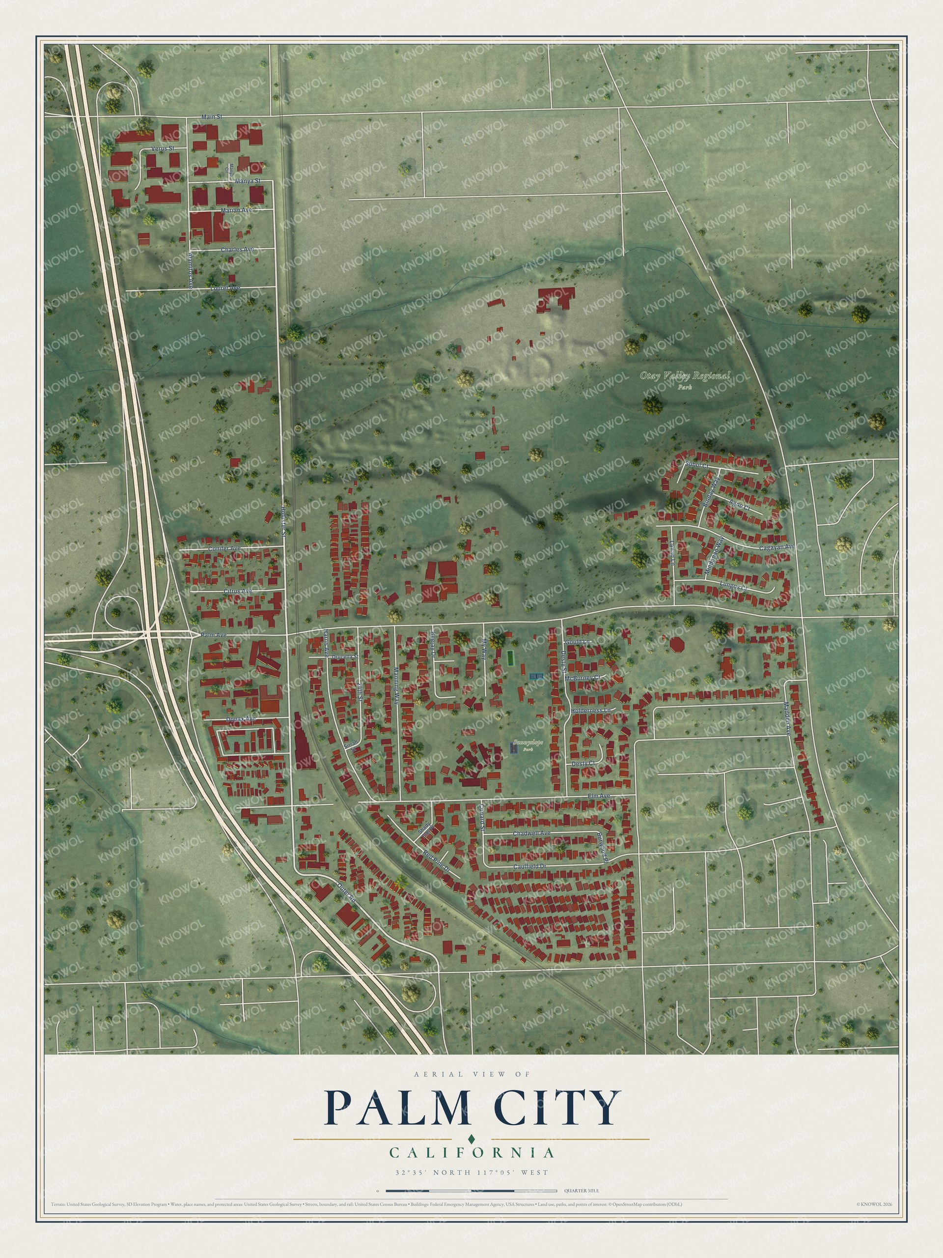 Full map of Palm City, California, with red buildings, printed street names and the land around them