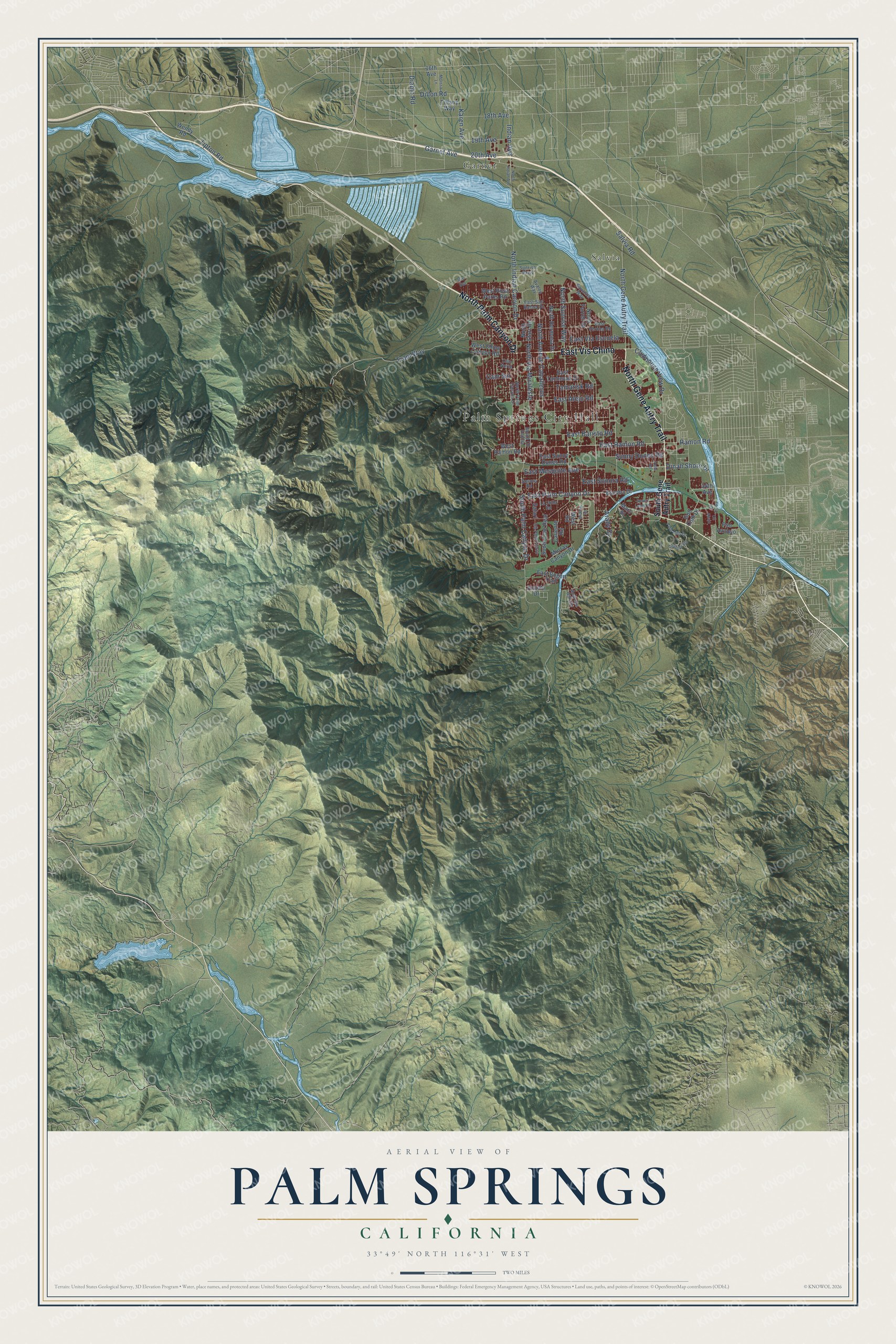 Full map of Palm Springs, California, with red buildings, printed street names and the land around them