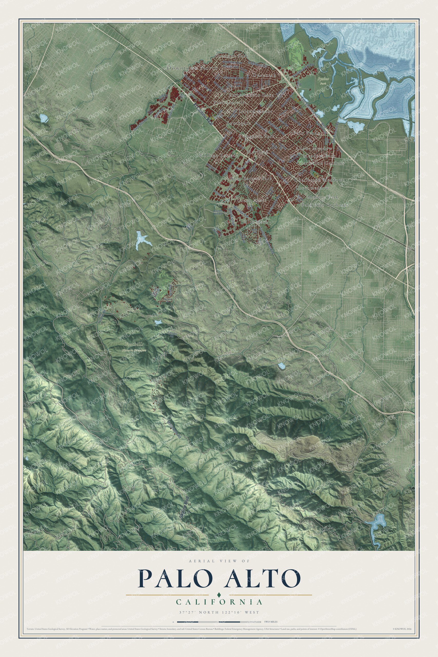 Full map of Palo Alto, California, with red buildings, printed street names and the land around them