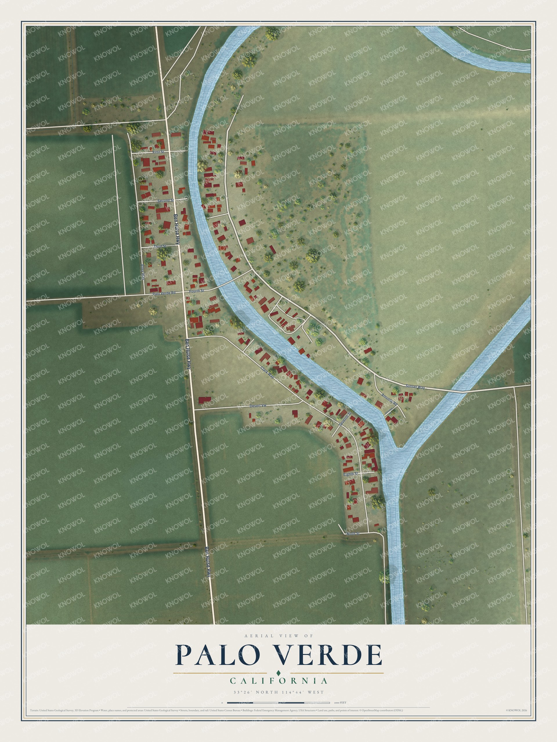 Full map of Palo Verde, California, with red buildings, printed street names and the land around them
