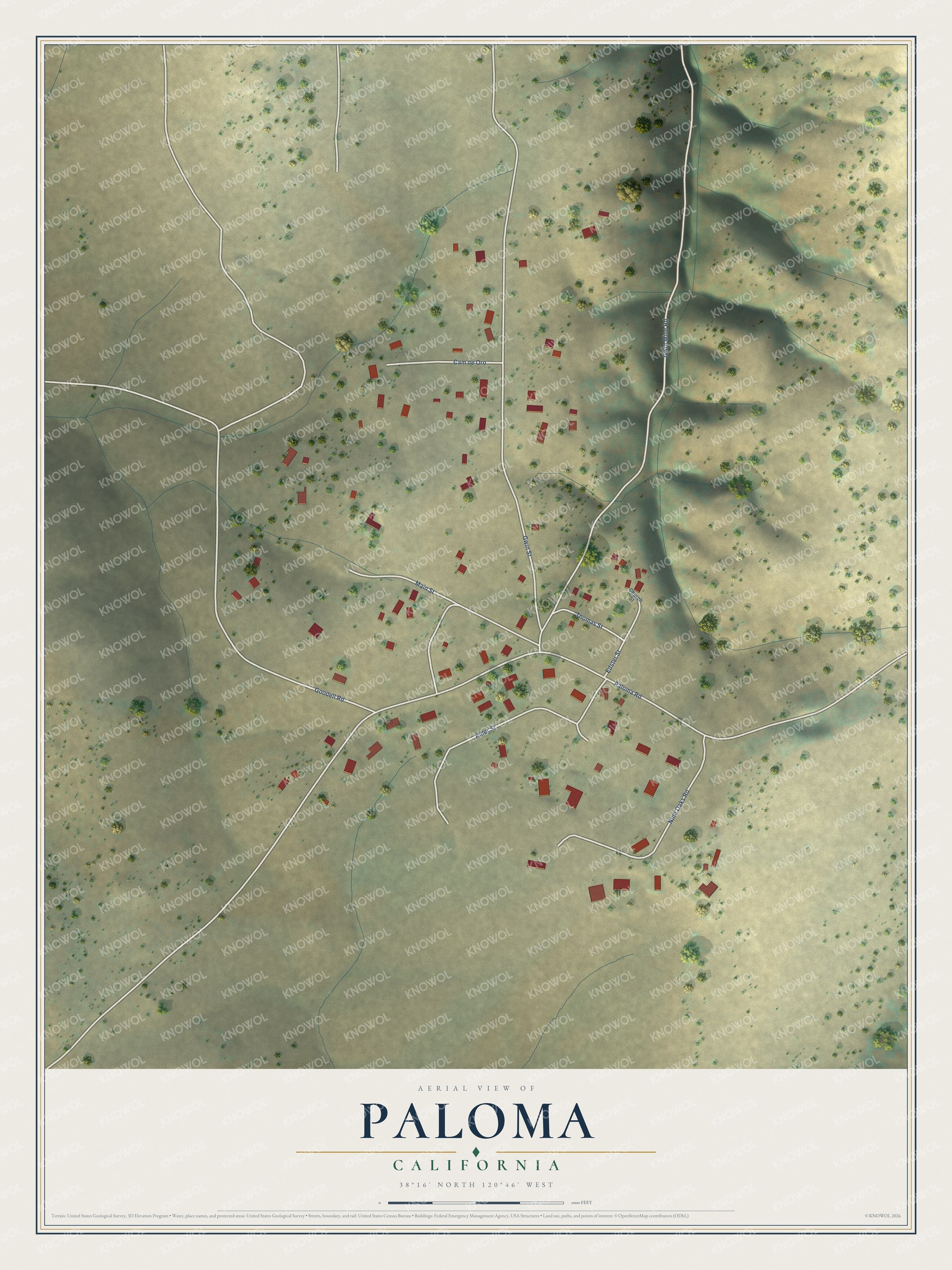 Full map of Paloma, California, with red buildings, printed street names and the land around them
