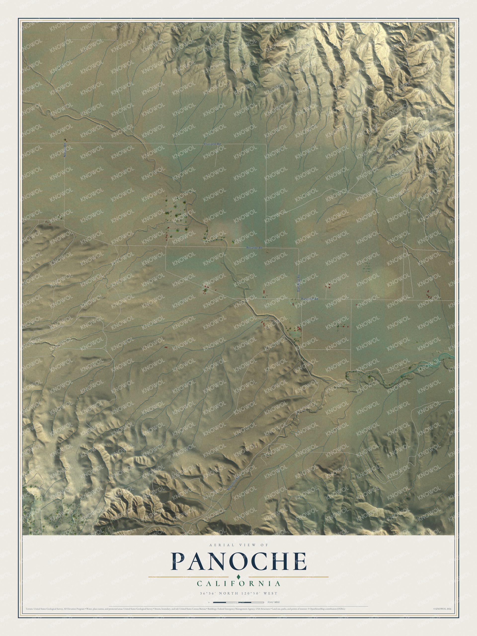 Full map of Panoche, California, with red buildings, printed street names and the land around them