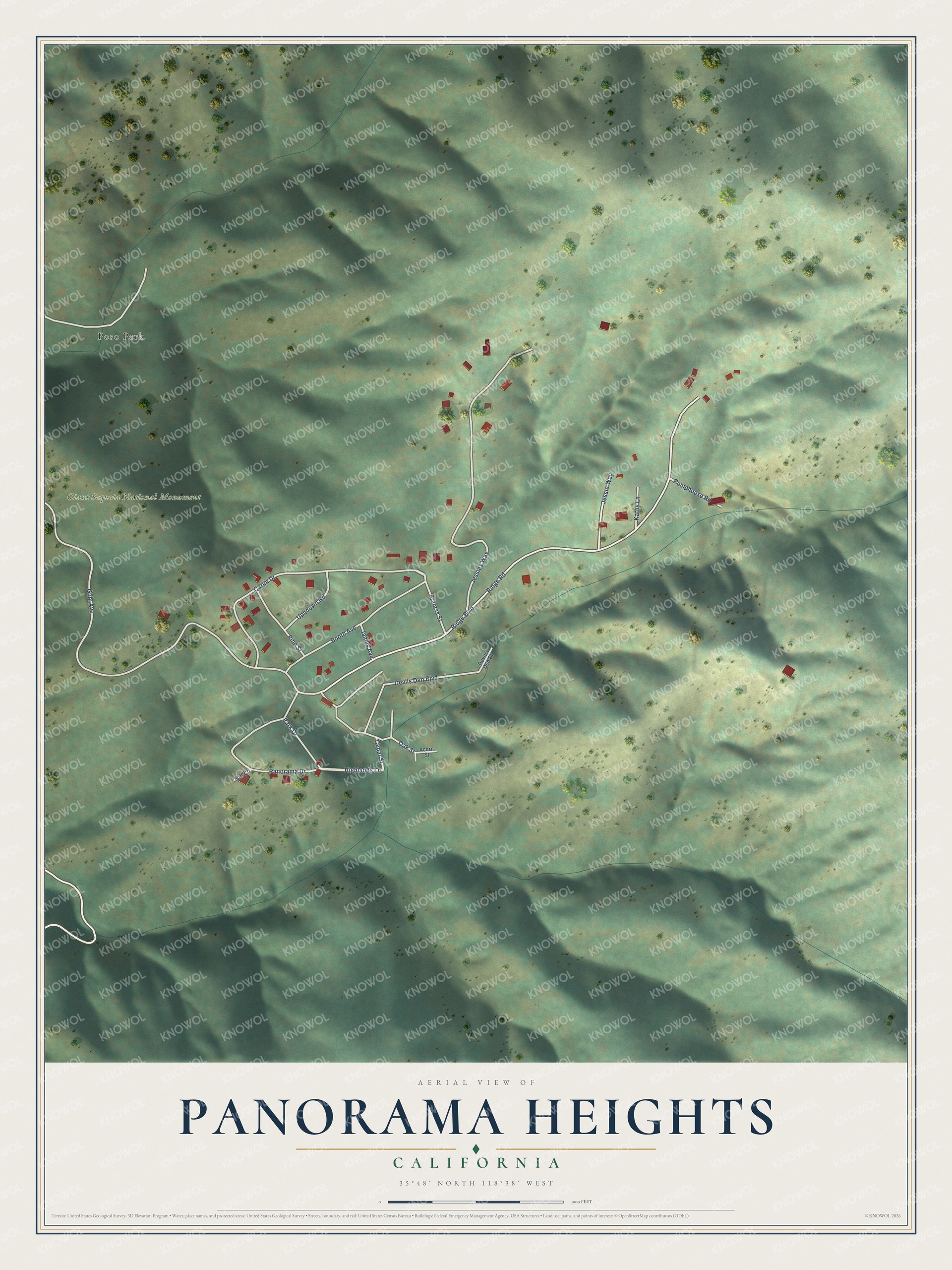 Full map of Panorama Heights, California, with red buildings, printed street names and the land around them