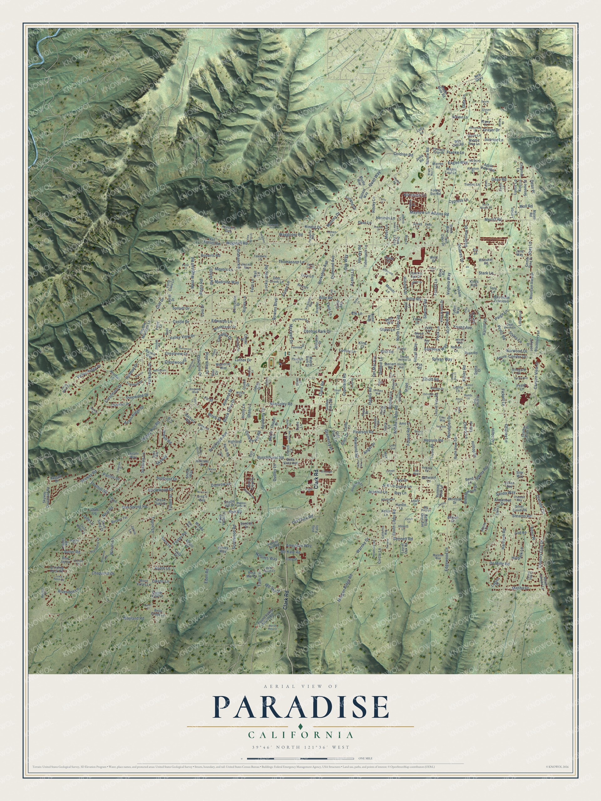 Full map of Paradise, California, with red buildings, printed street names and the land around them