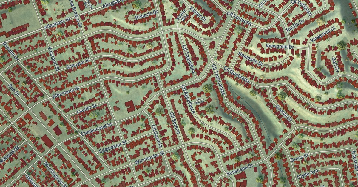 Close-up of streets and buildings in Paradise Hills, California