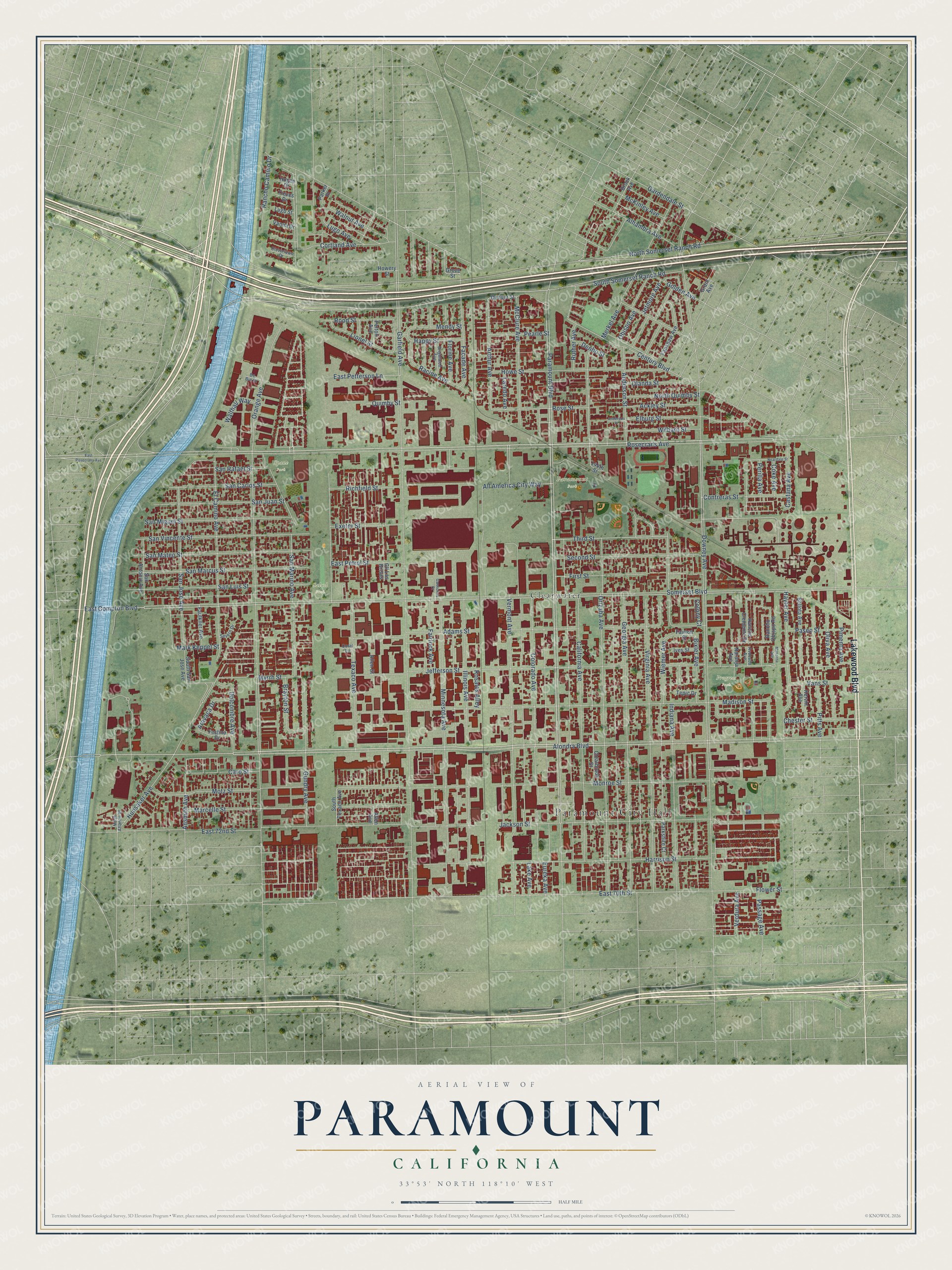 Full map of Paramount, California, with red buildings, printed street names and the land around them