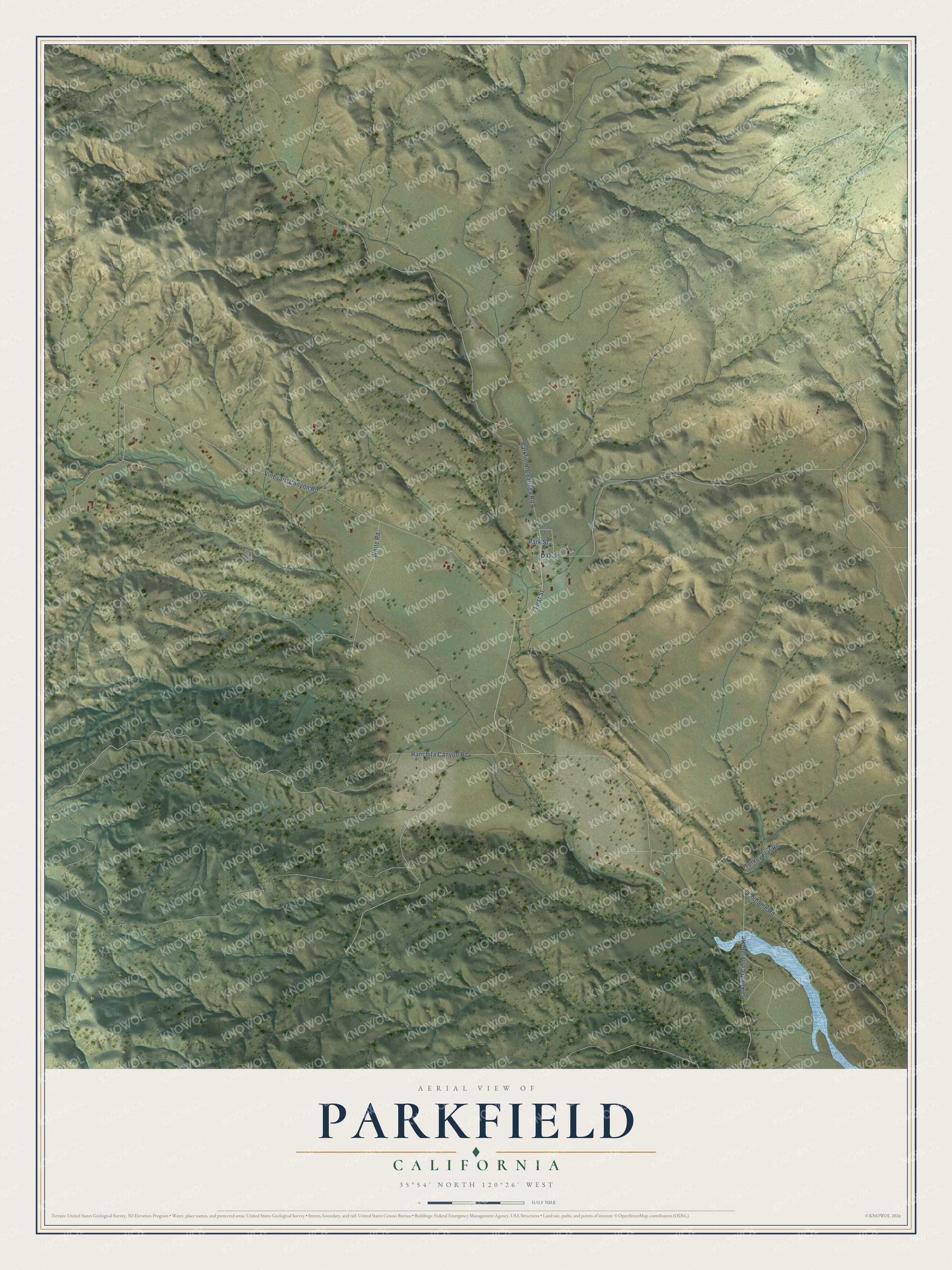 Full map of Parkfield, California, with red buildings, printed street names and the land around them