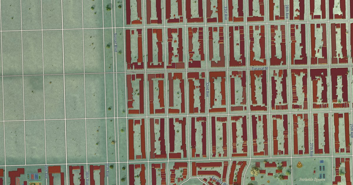 Close-up of streets and buildings in Parkside, California