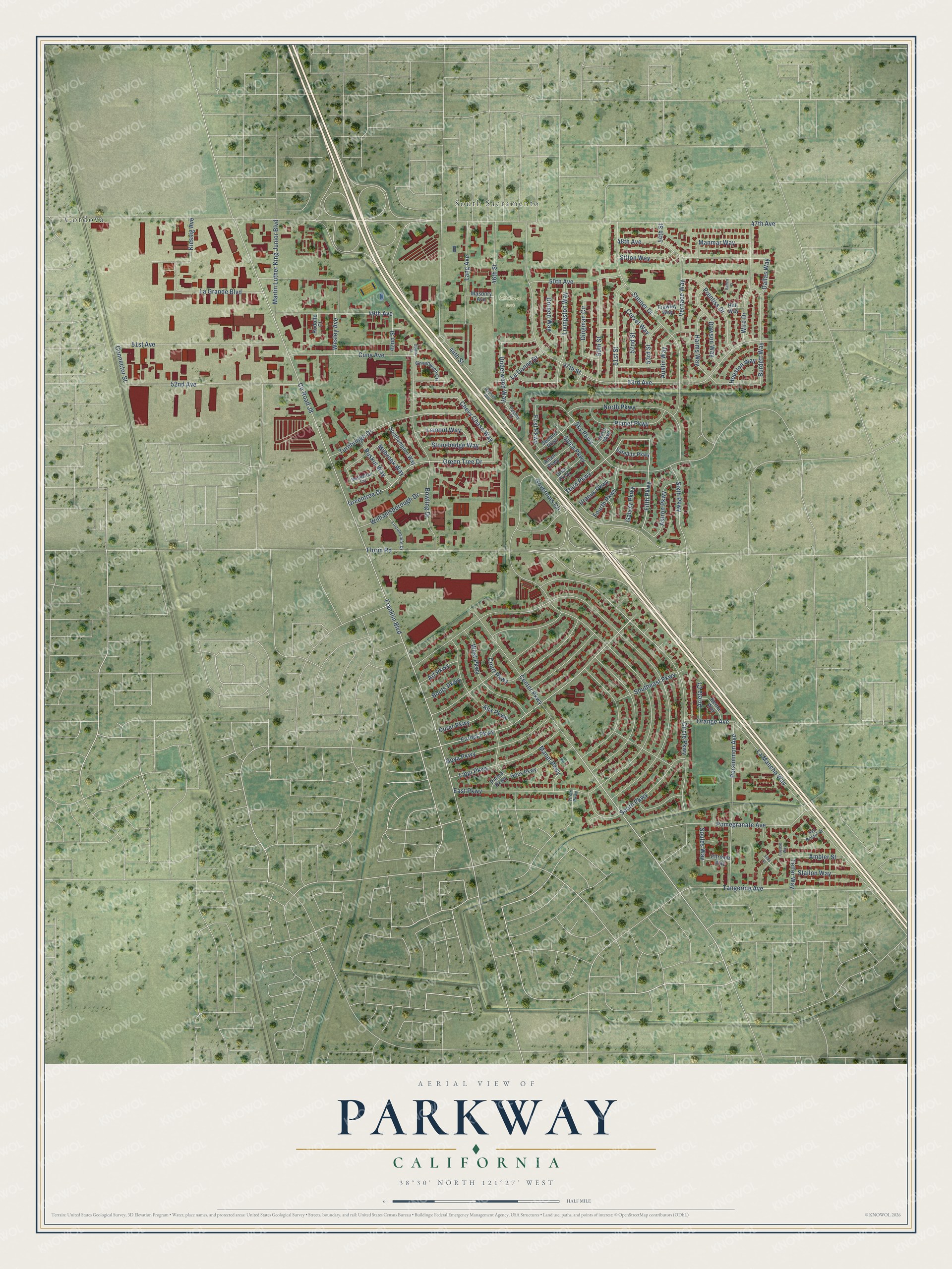 Full map of Parkway, California, with red buildings, printed street names and the land around them