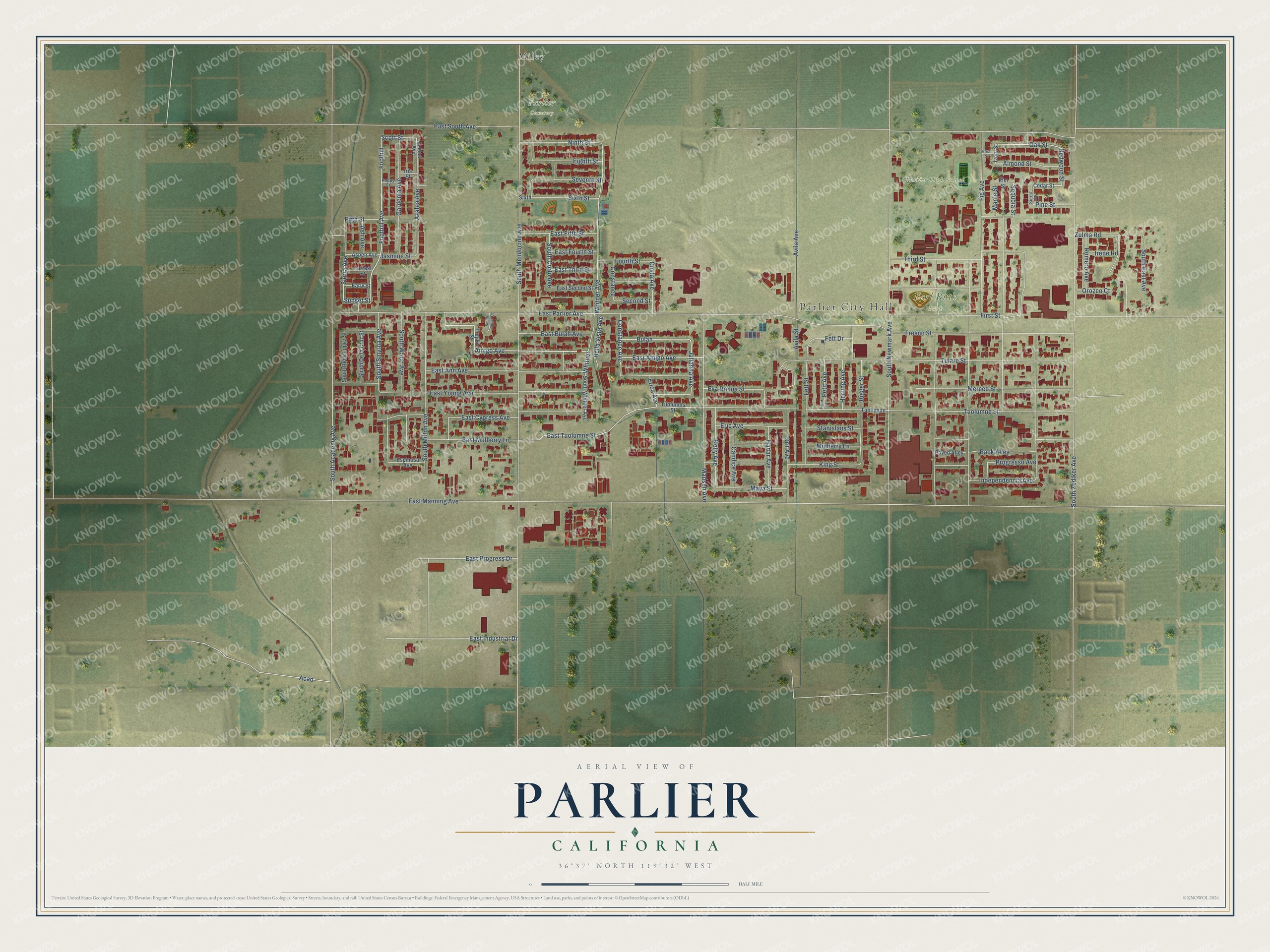 Full map of Parlier, California, with red buildings, printed street names and the land around them