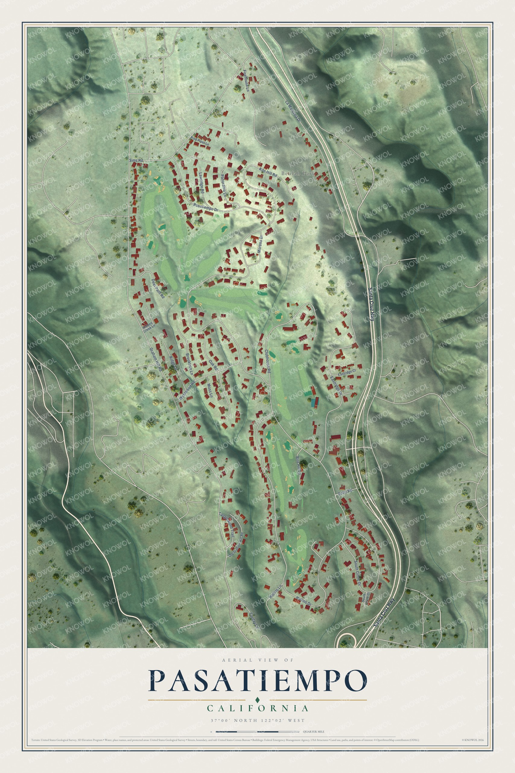 Full map of Pasatiempo, California, with red buildings, printed street names and the land around them