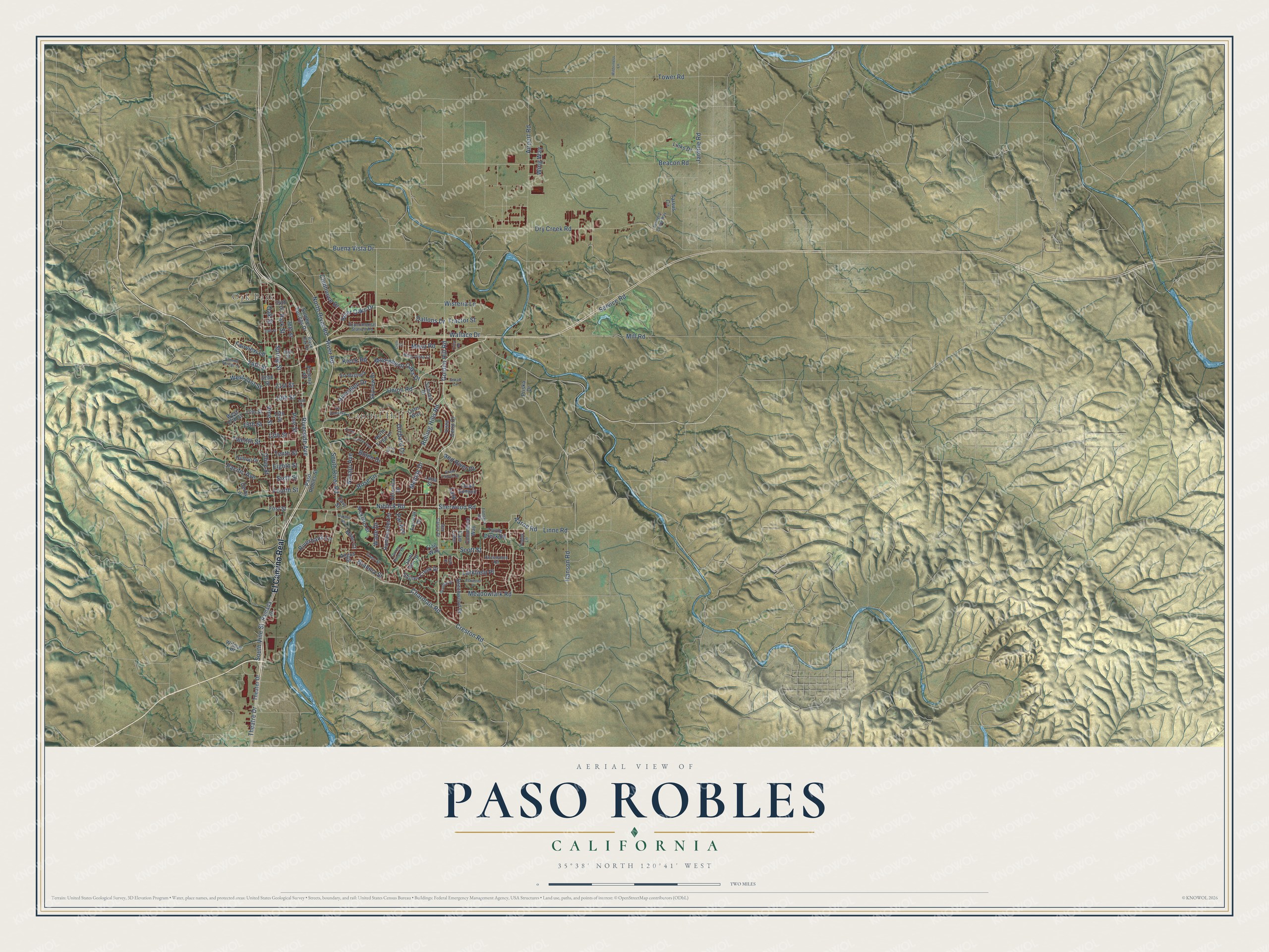 Full map of Paso Robles, California, with red buildings, printed street names and the land around them