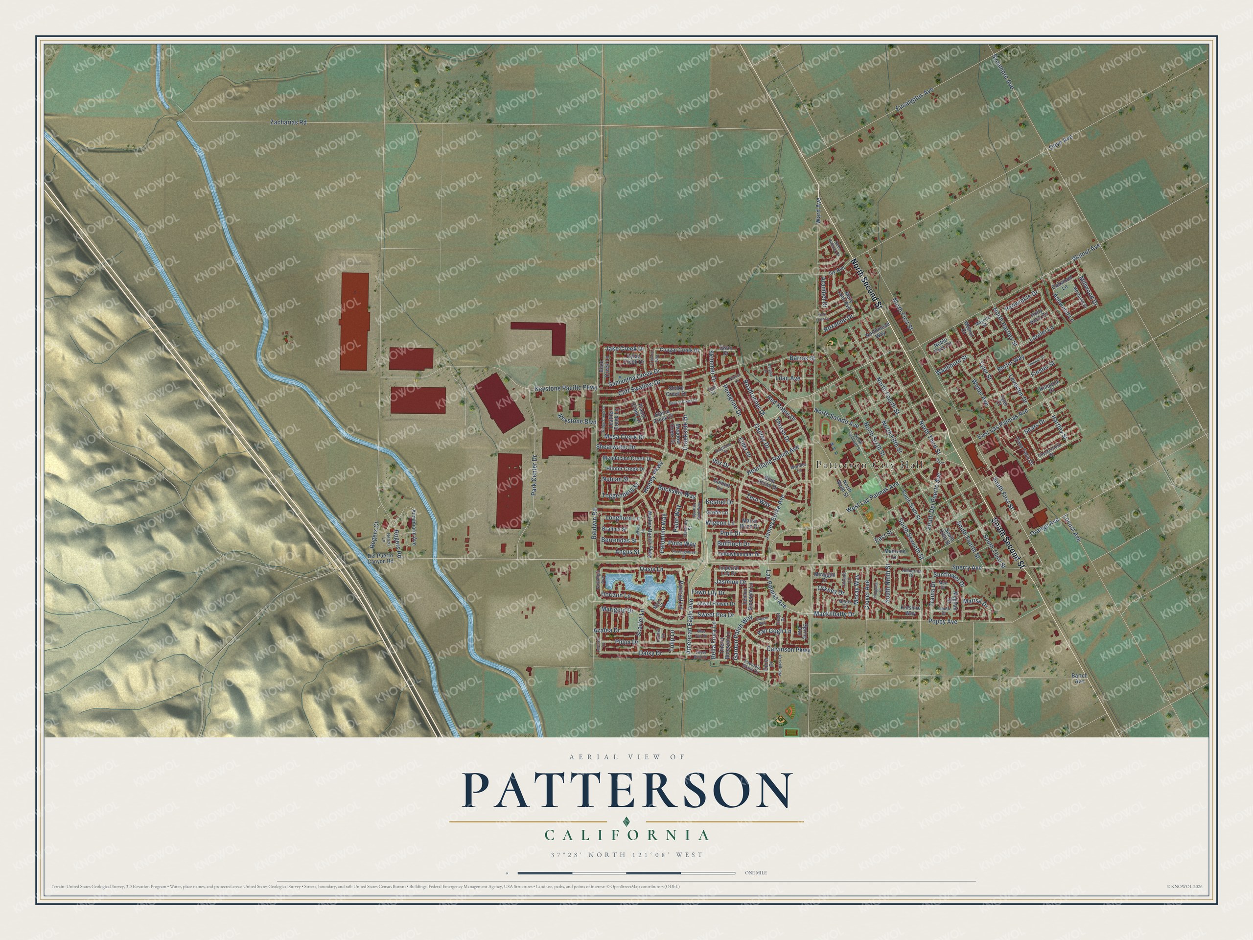 Full map of Patterson, California, with red buildings, printed street names and the land around them