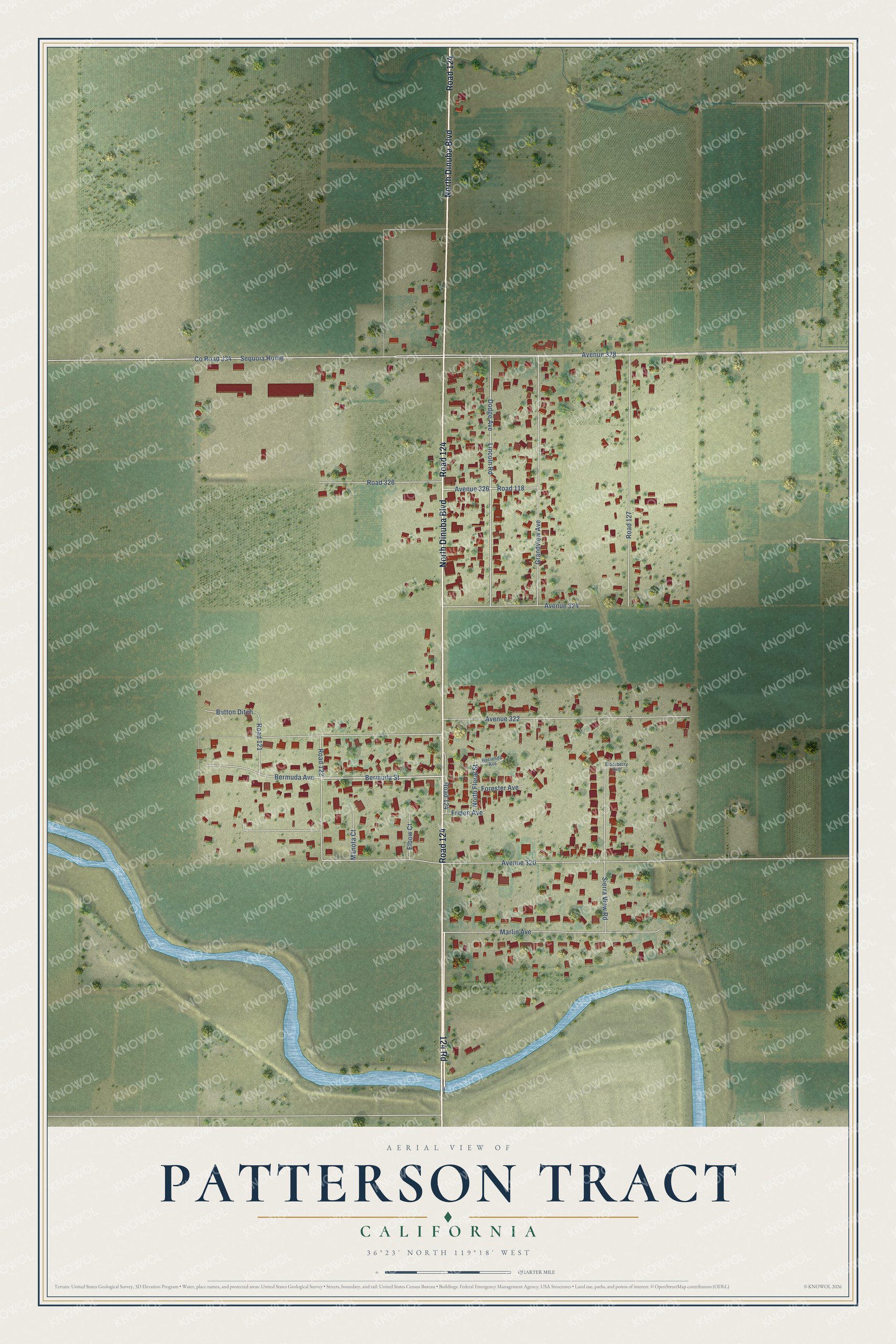 Full map of Patterson Tract, California, with red buildings, printed street names and the land around them