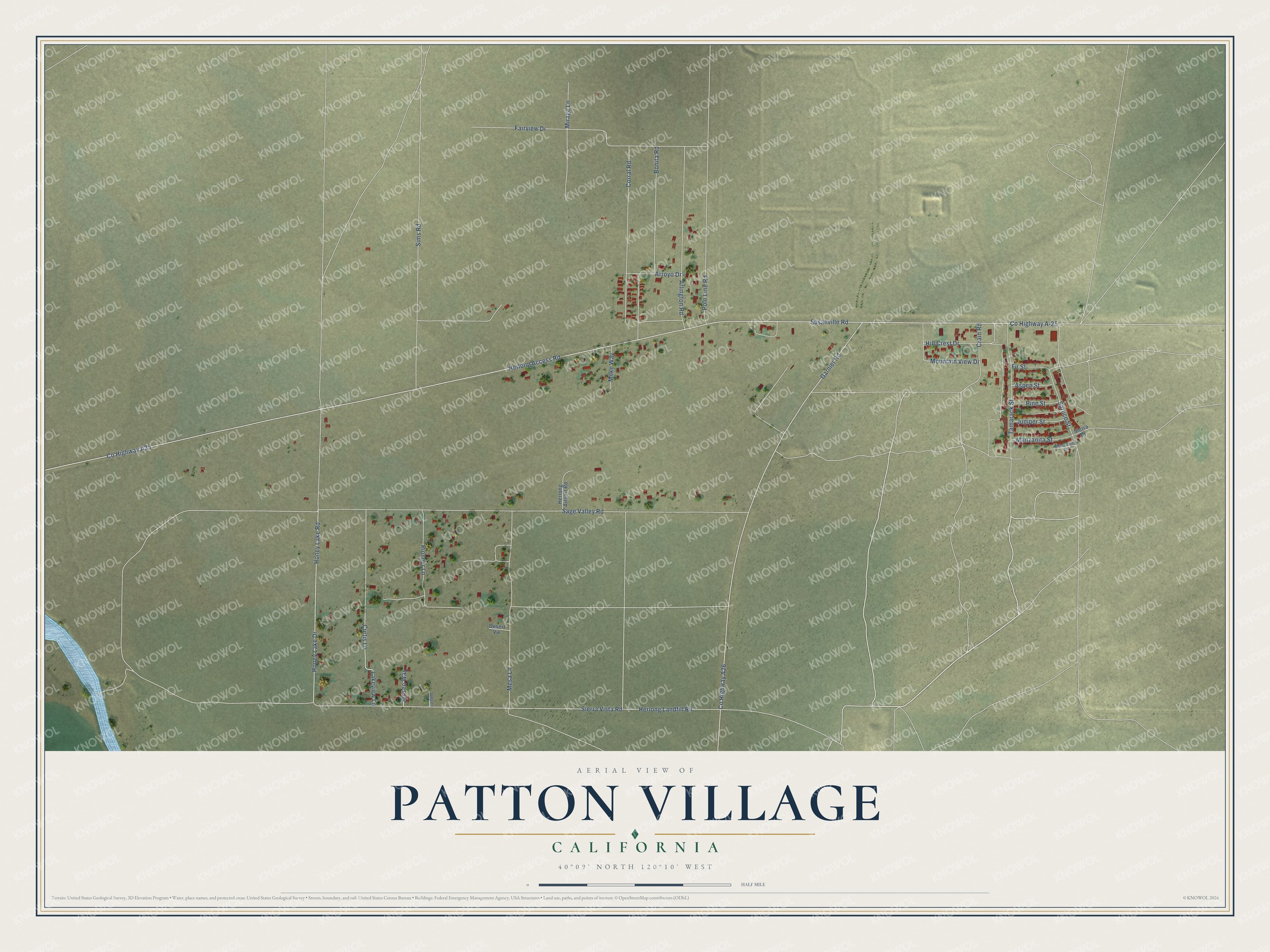 Full map of Patton Village, California, with red buildings, printed street names and the land around them