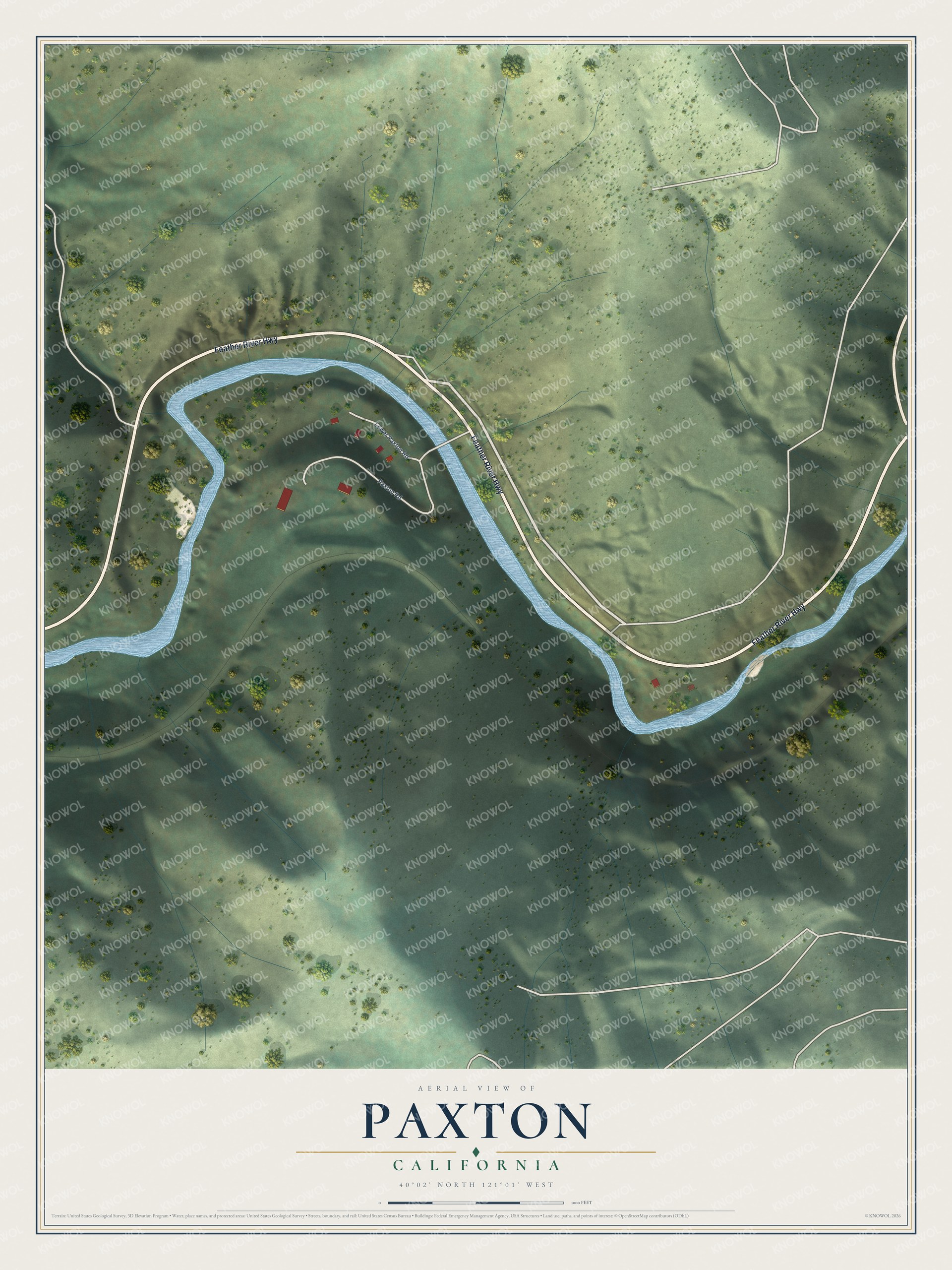 Full map of Paxton, California, with red buildings, printed street names and the land around them