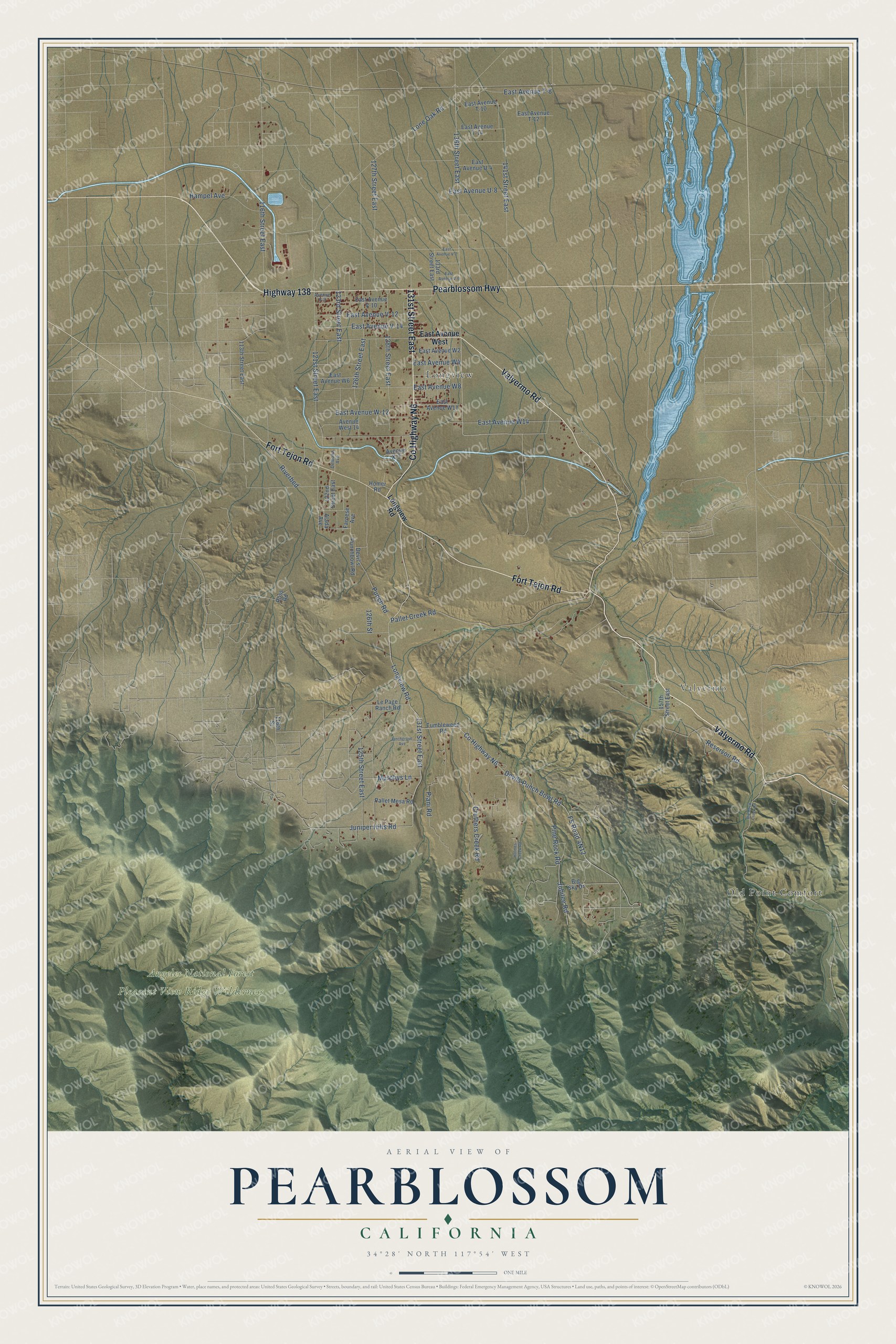 Full map of Pearblossom, California, with red buildings, printed street names and the land around them