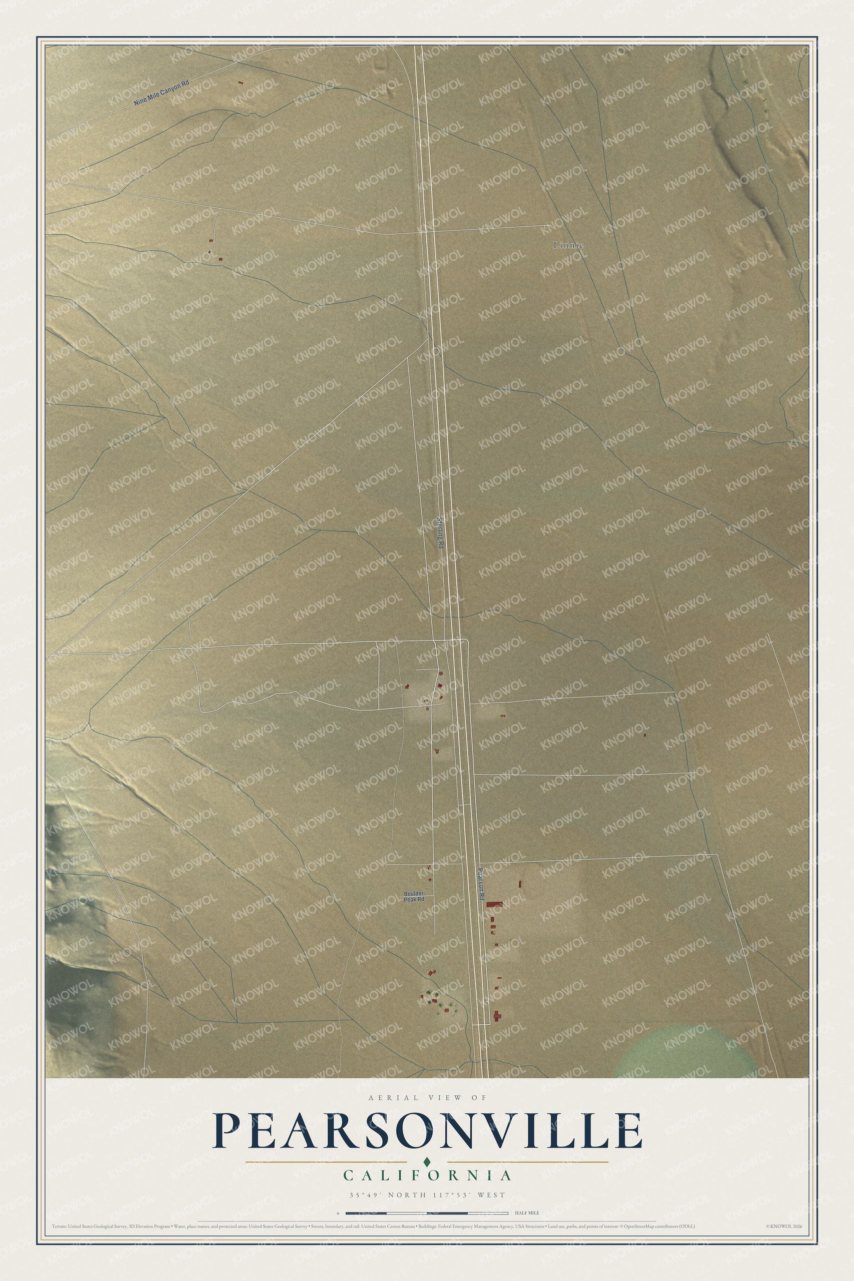 Full map of Pearsonville, California, with red buildings, printed street names and the land around them