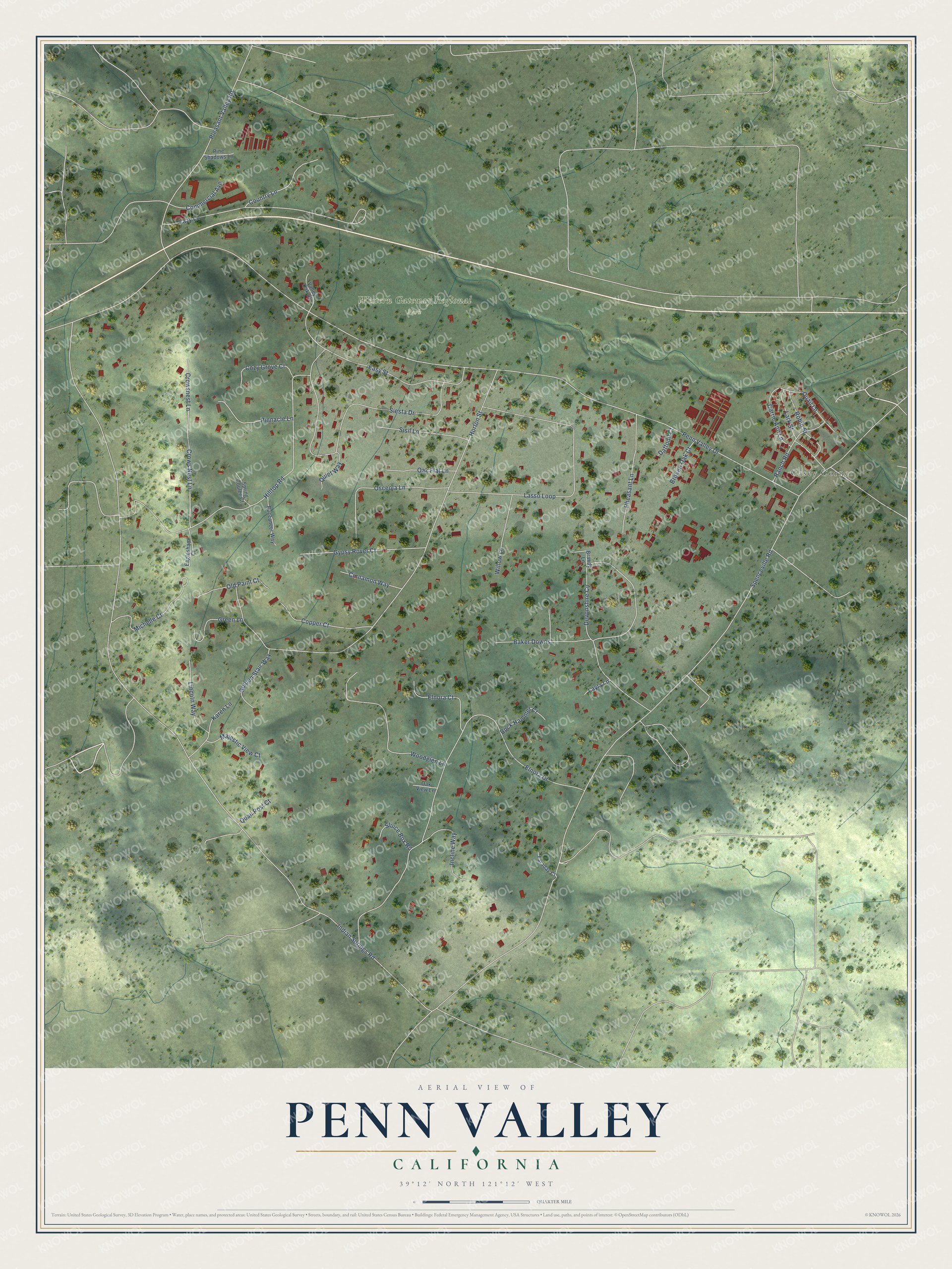 Full map of Penn Valley, California, with red buildings, printed street names and the land around them