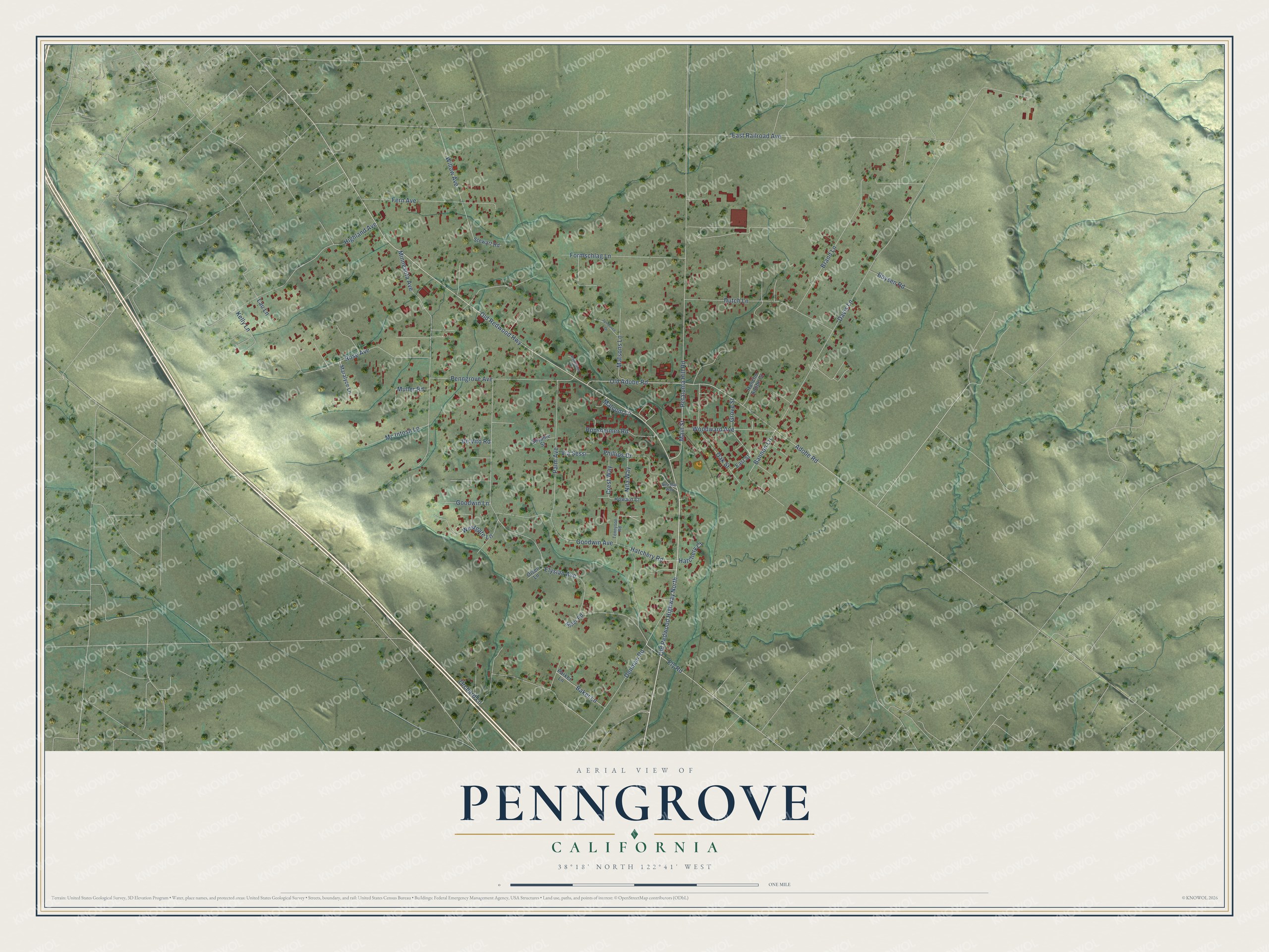 Full map of Penngrove, California, with red buildings, printed street names and the land around them