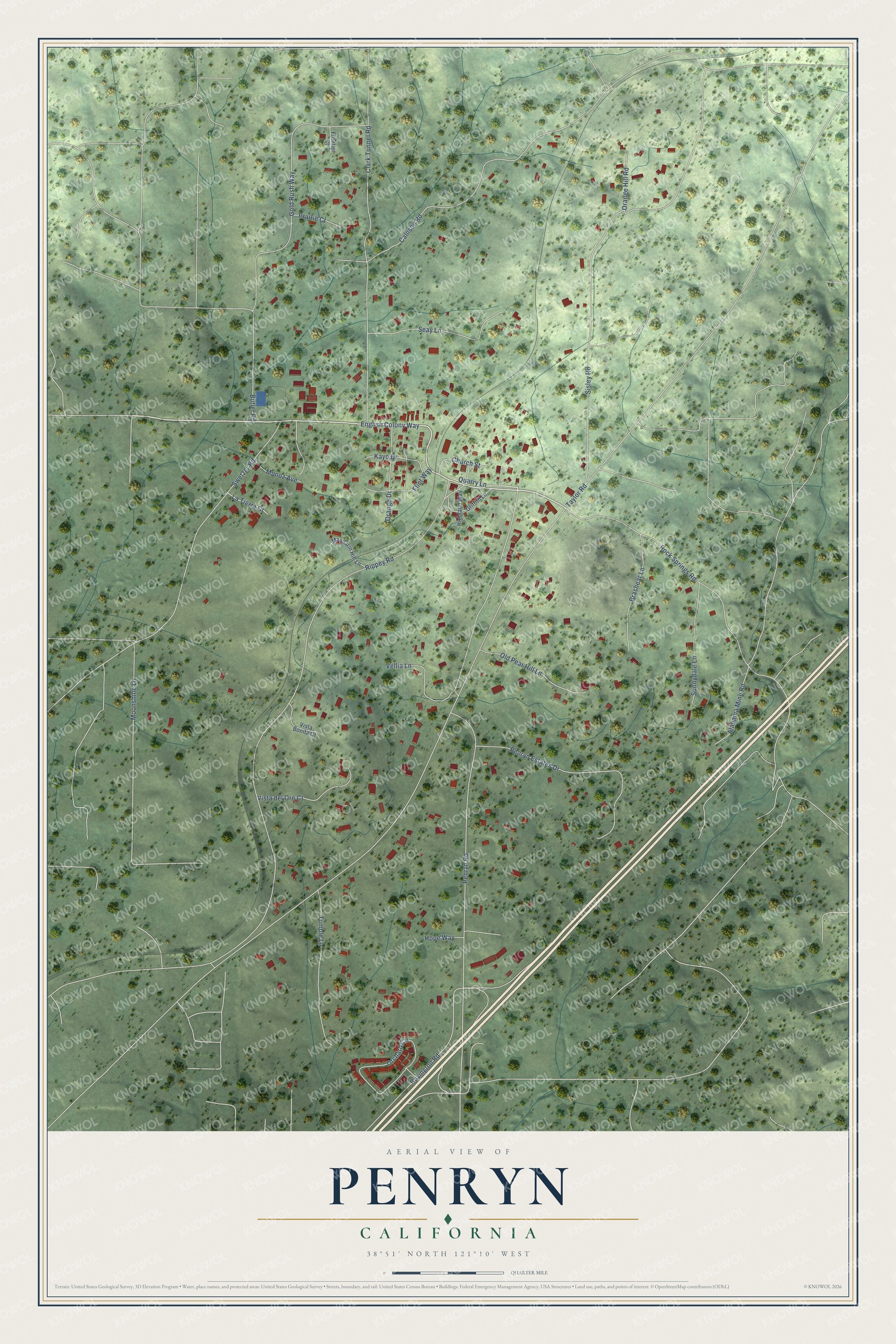 Full map of Penryn, California, with red buildings, printed street names and the land around them