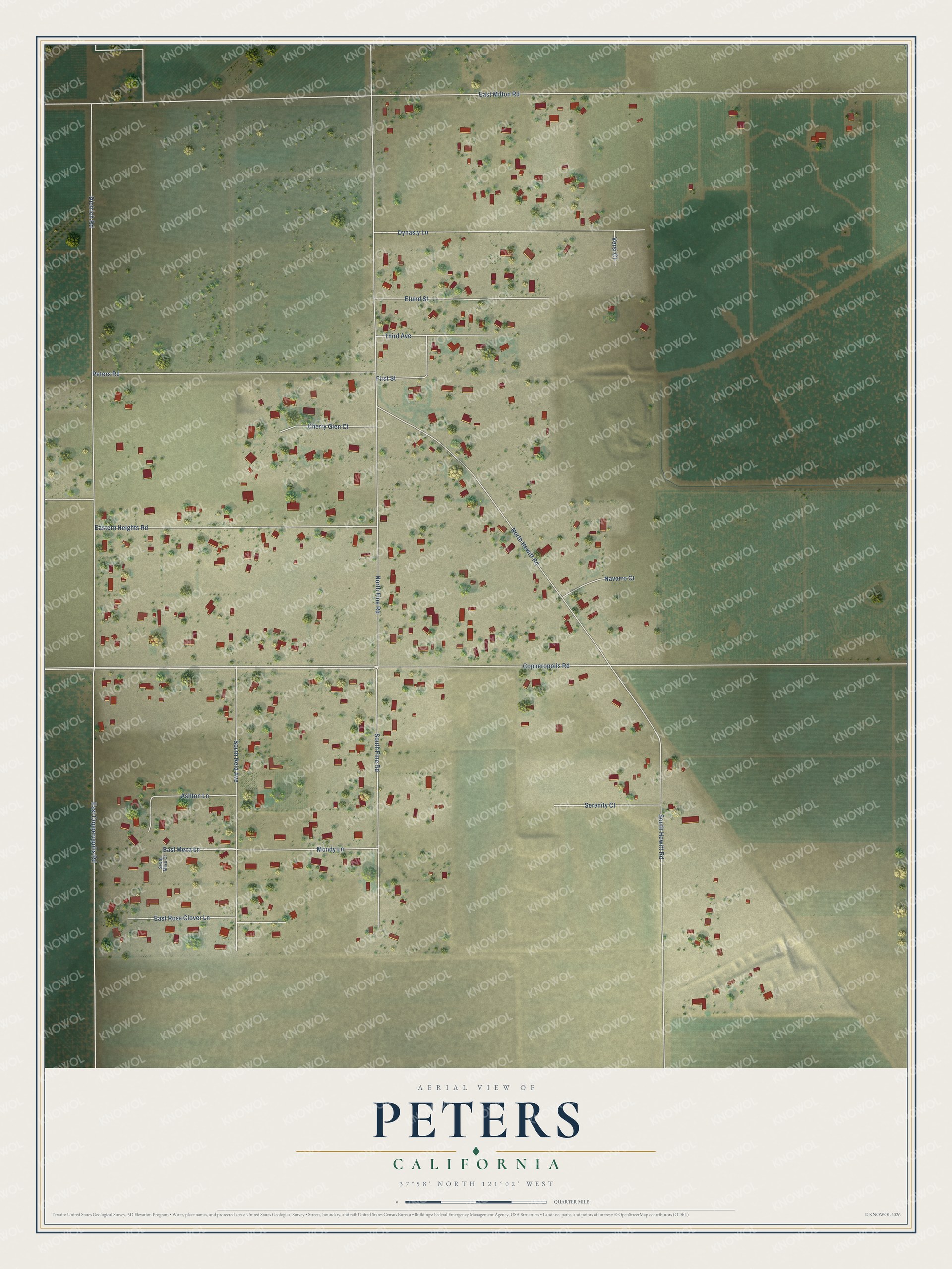Full map of Peters, California, with red buildings, printed street names and the land around them