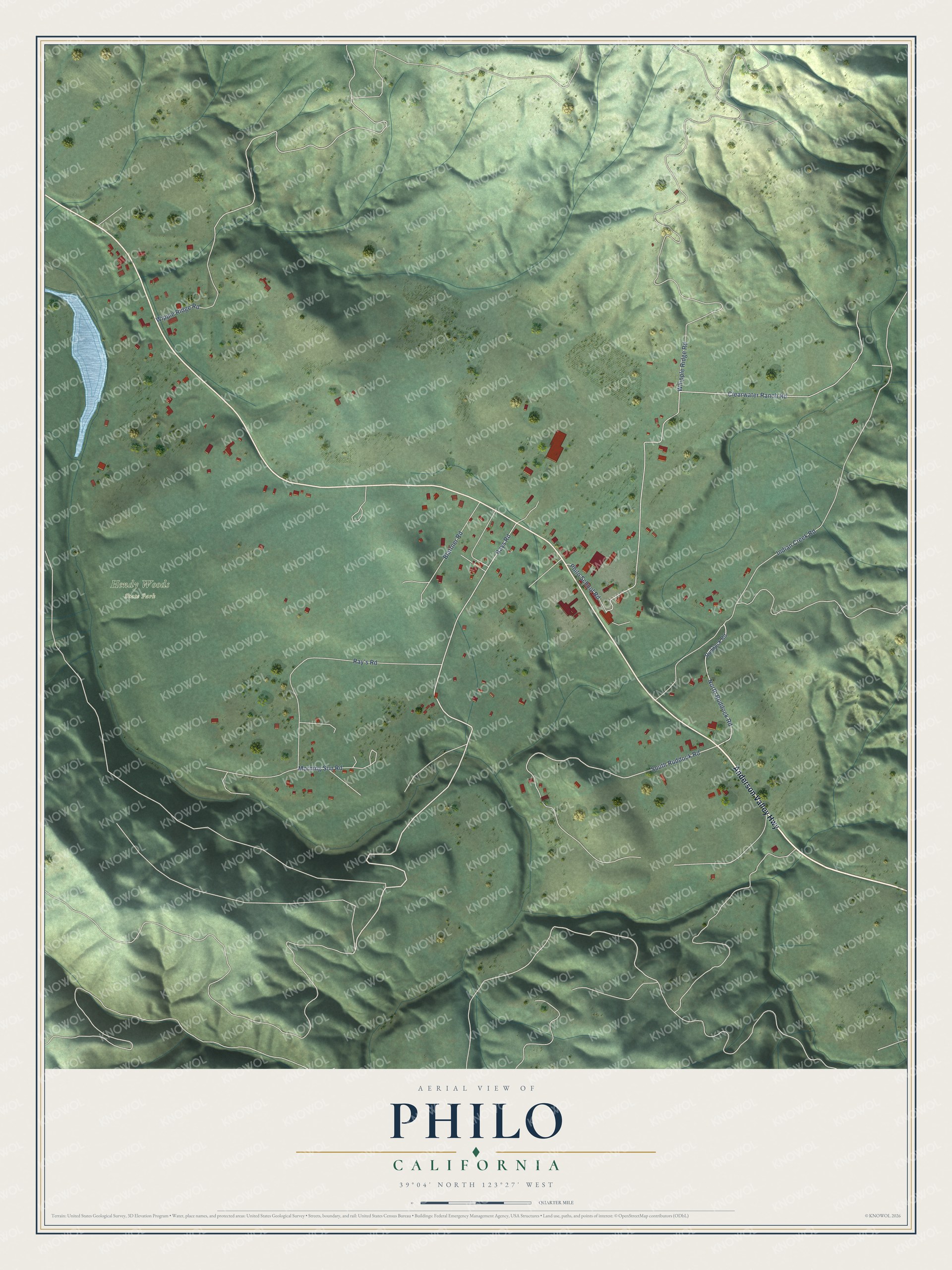 Full map of Philo, California, with red buildings, printed street names and the land around them