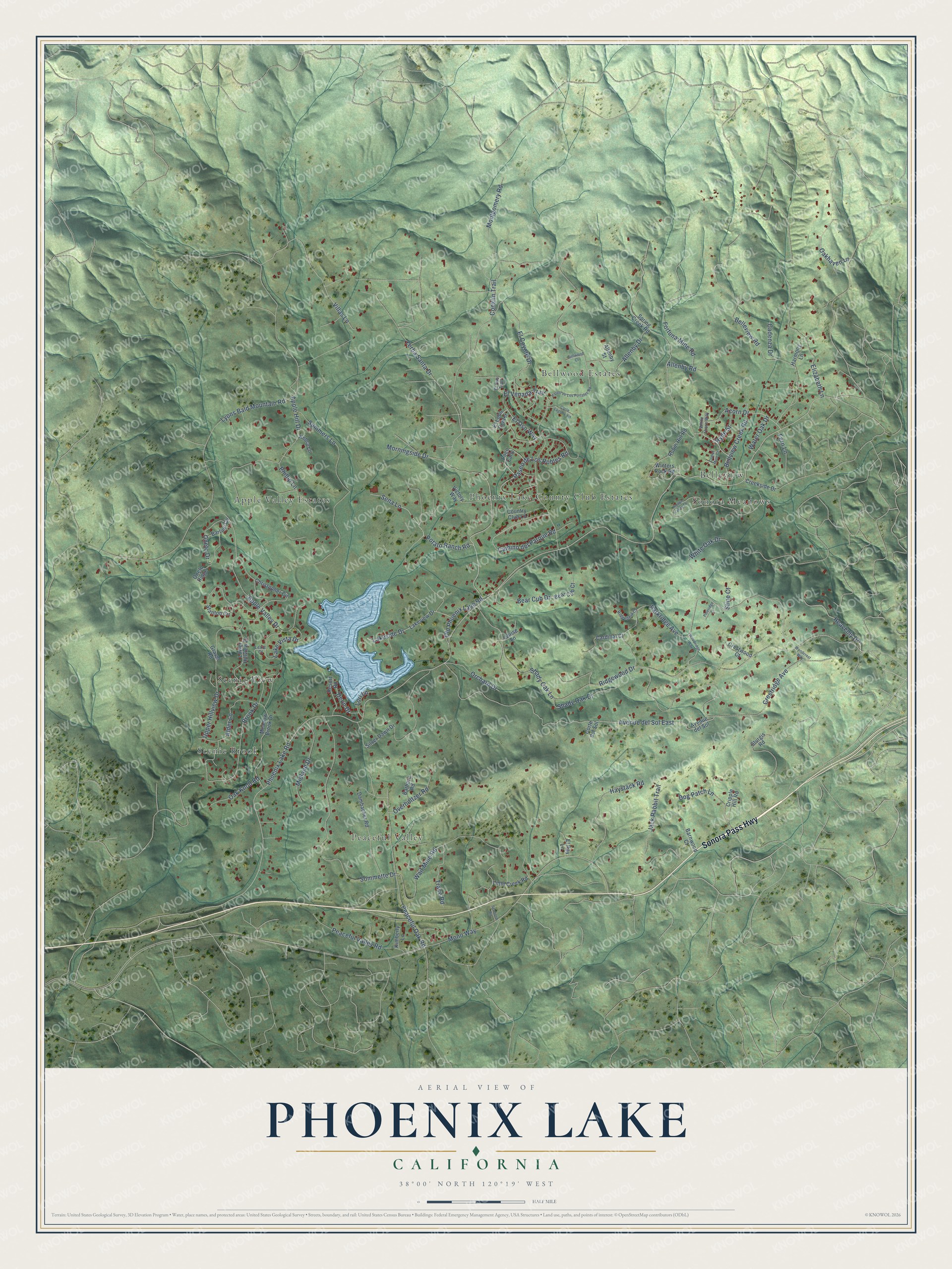 Full map of Phoenix Lake, California, with red buildings, printed street names and the land around them