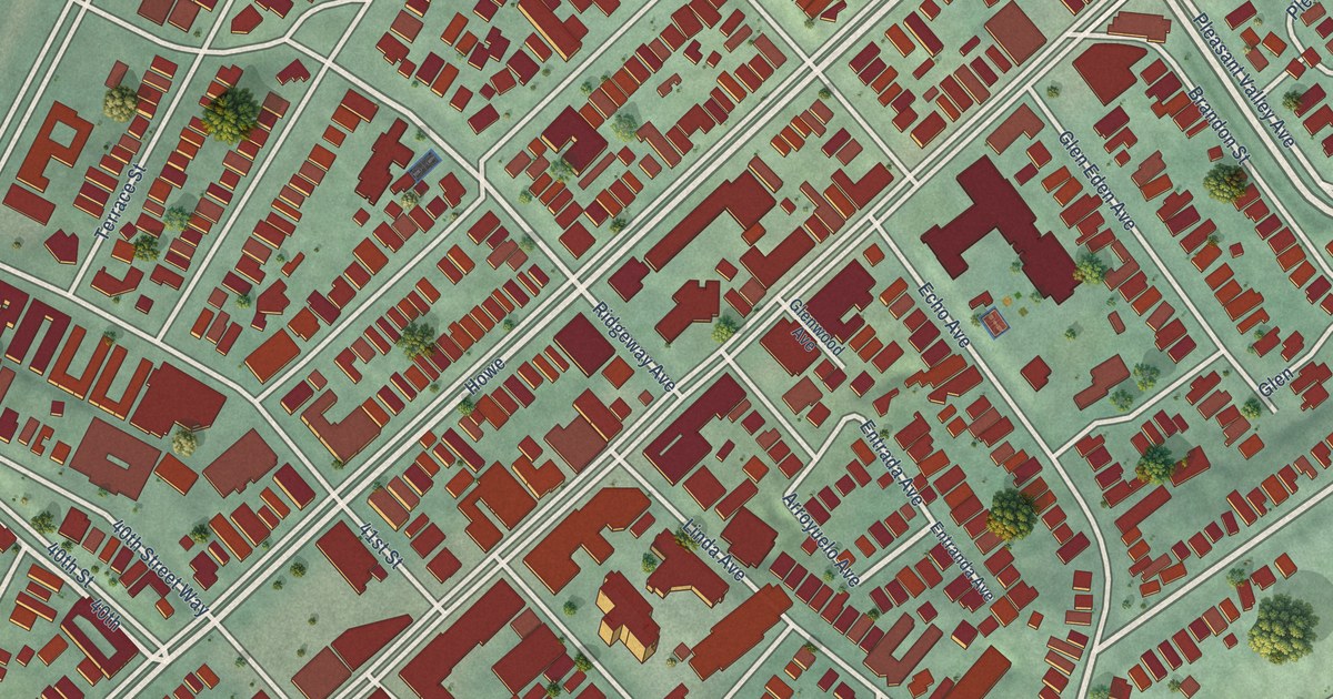 Close-up of streets and buildings in Piedmont Avenue, California