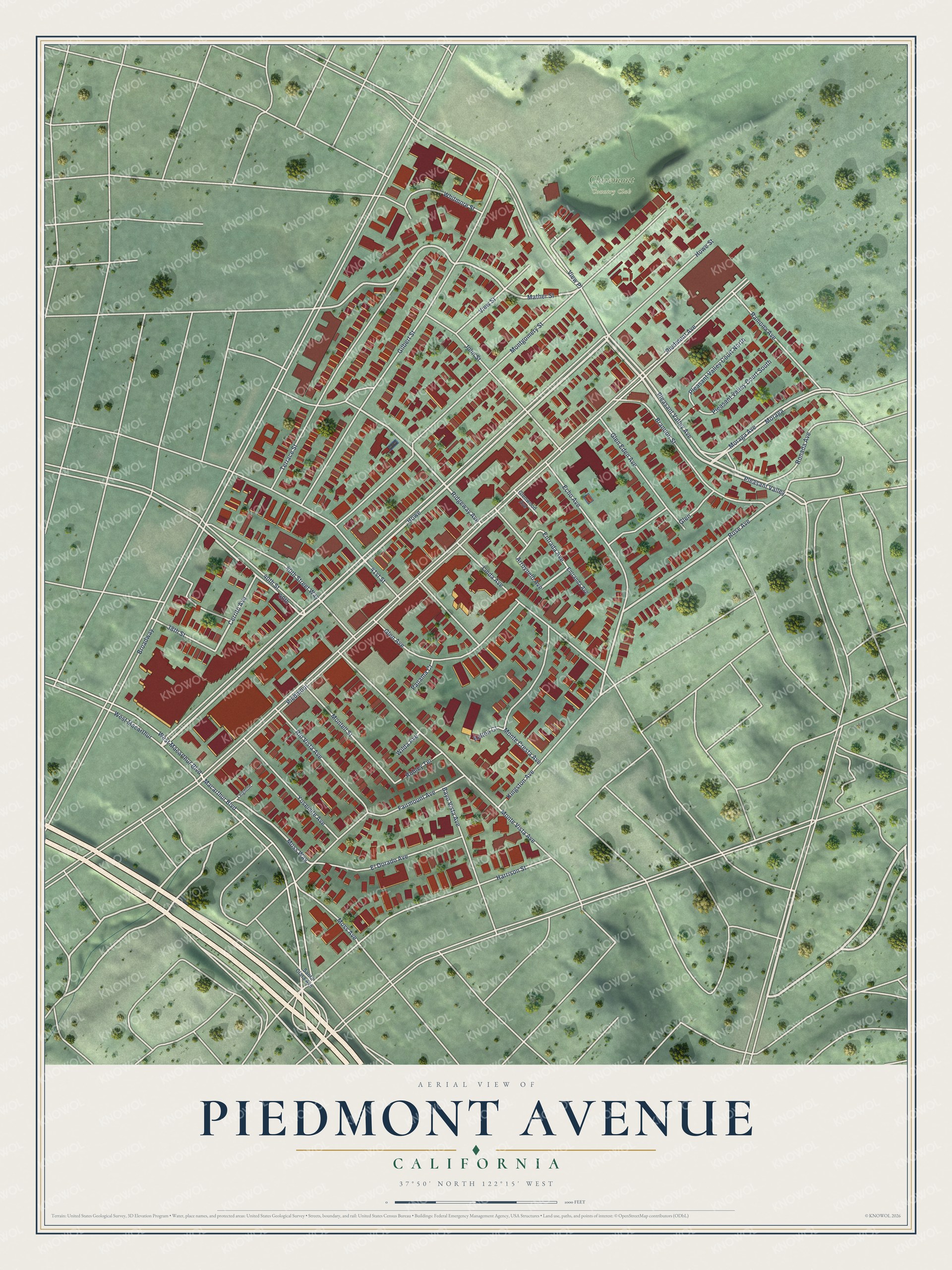 Full map of Piedmont Avenue, California, with red buildings, printed street names and the land around them