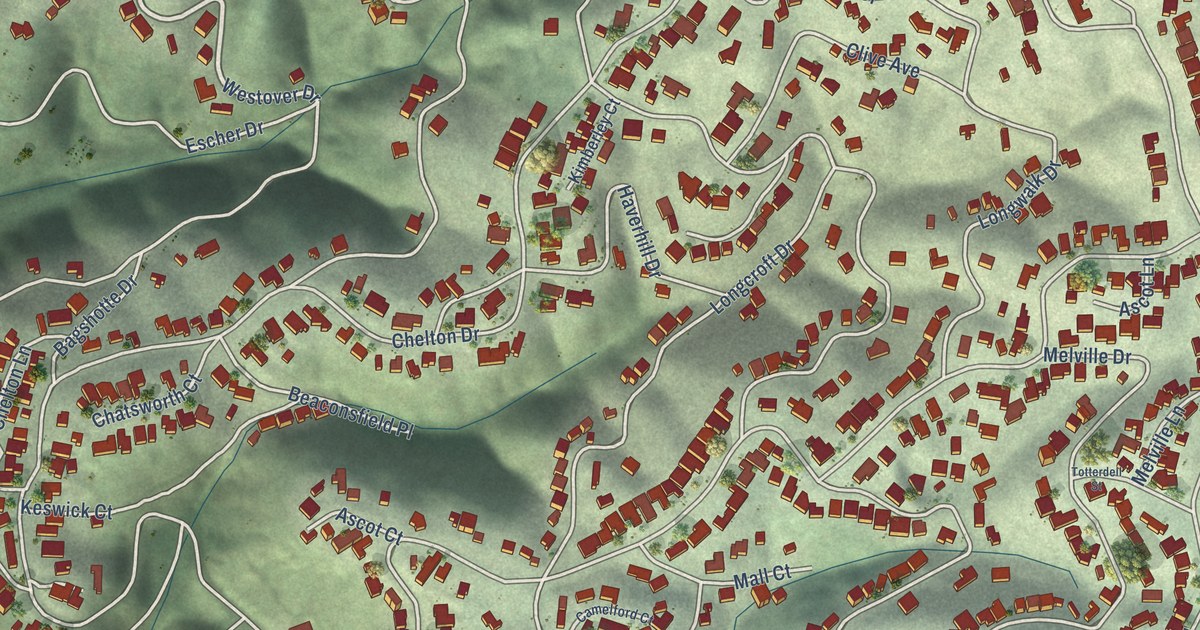 Close-up of streets and buildings in Piedmont Pines, California