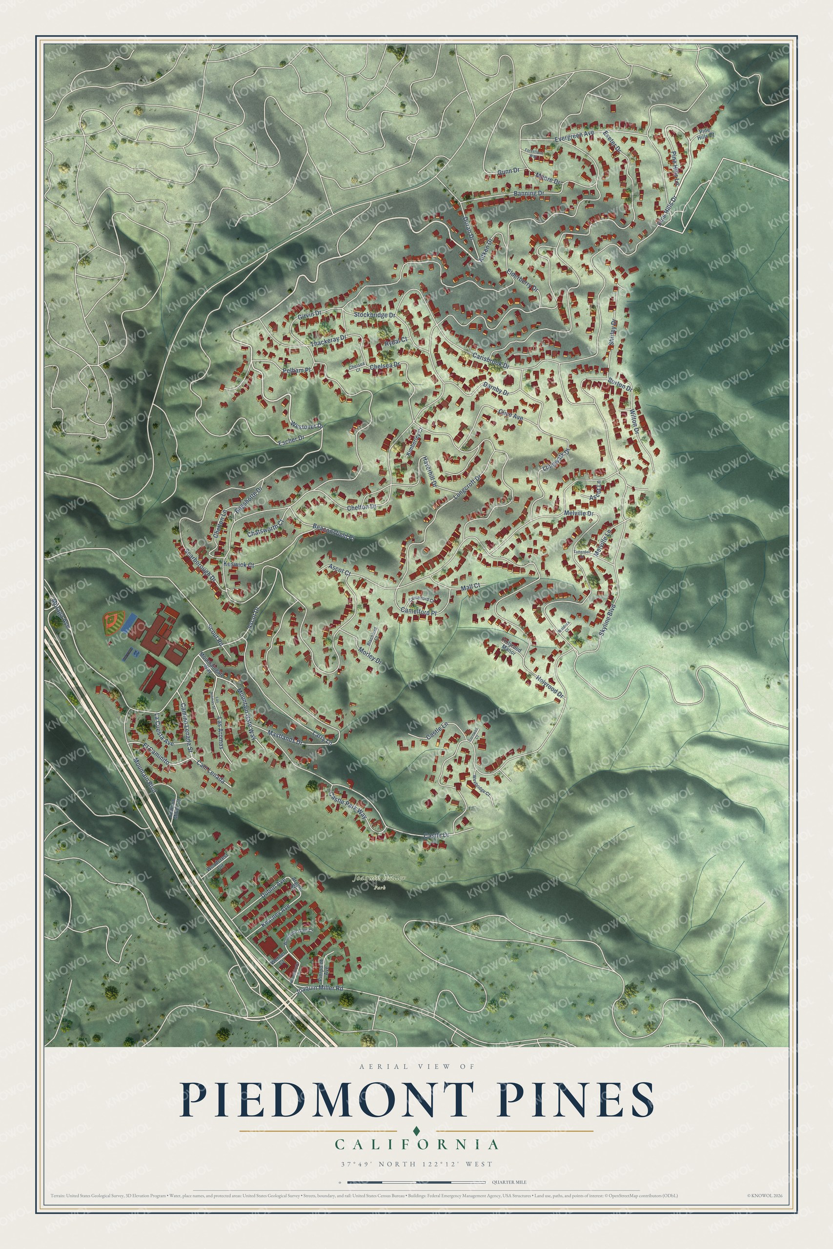 Full map of Piedmont Pines, California, with red buildings, printed street names and the land around them