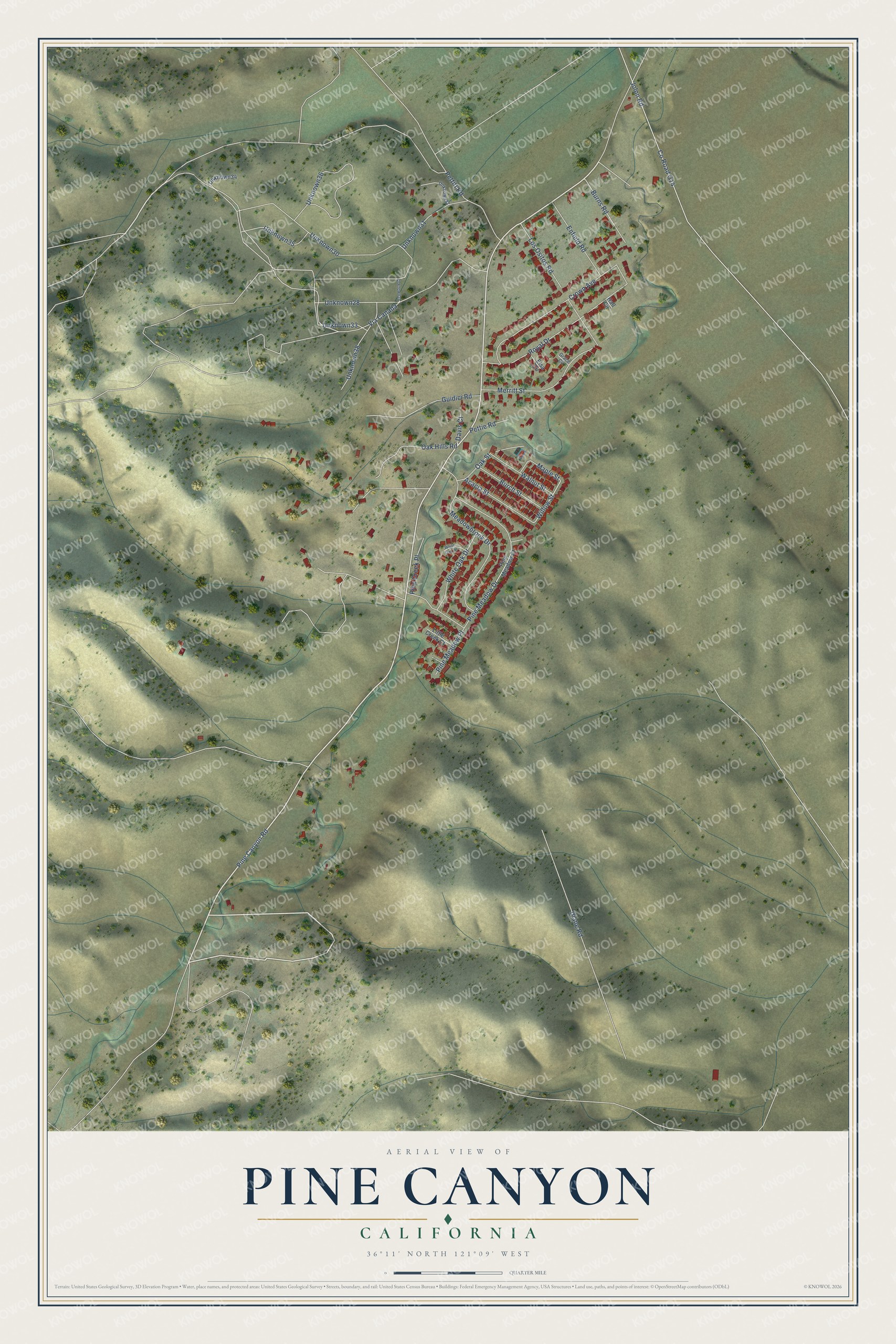 Full map of Pine Canyon, California, with red buildings, printed street names and the land around them