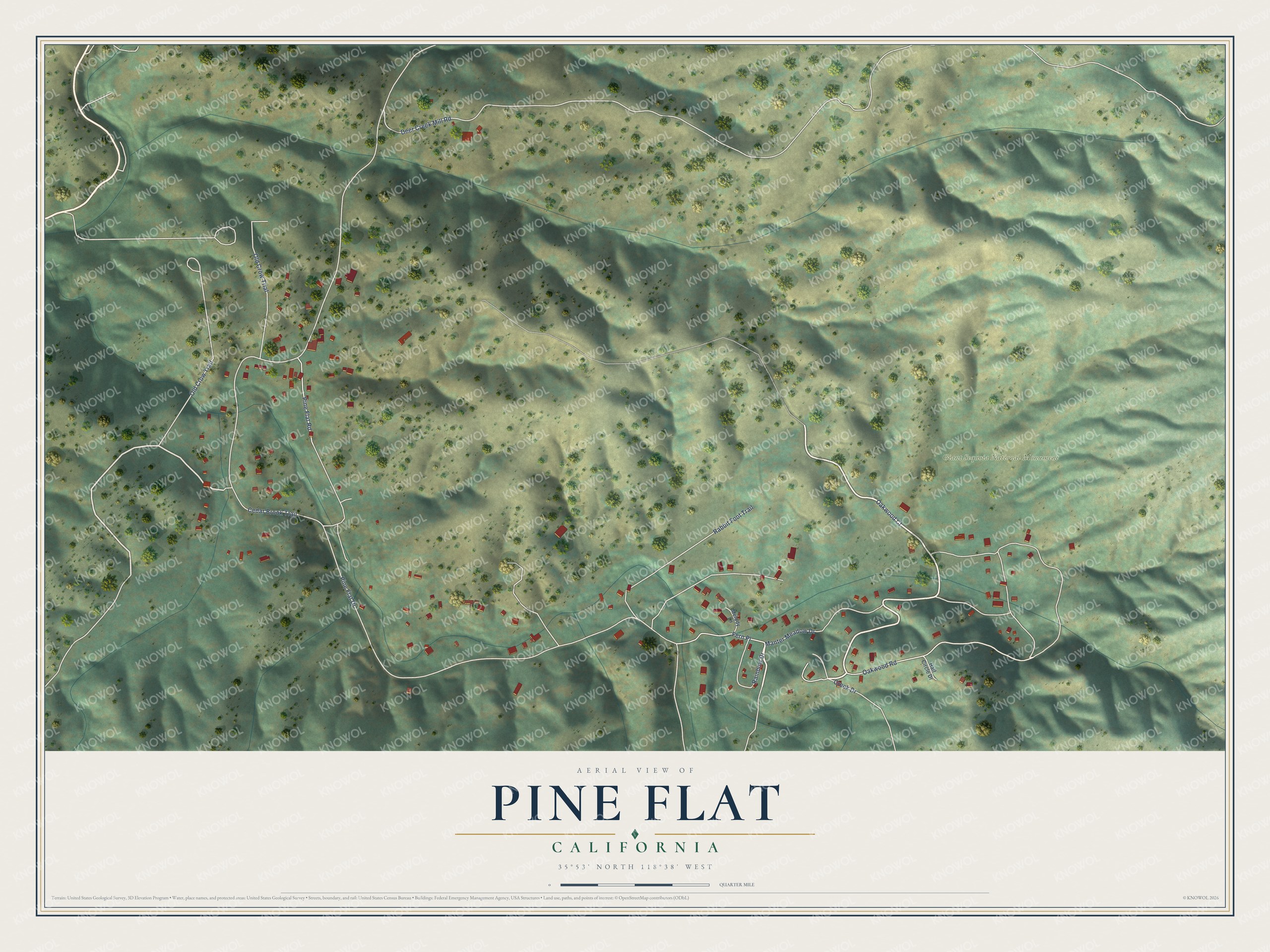 Full map of Pine Flat, California, with red buildings, printed street names and the land around them