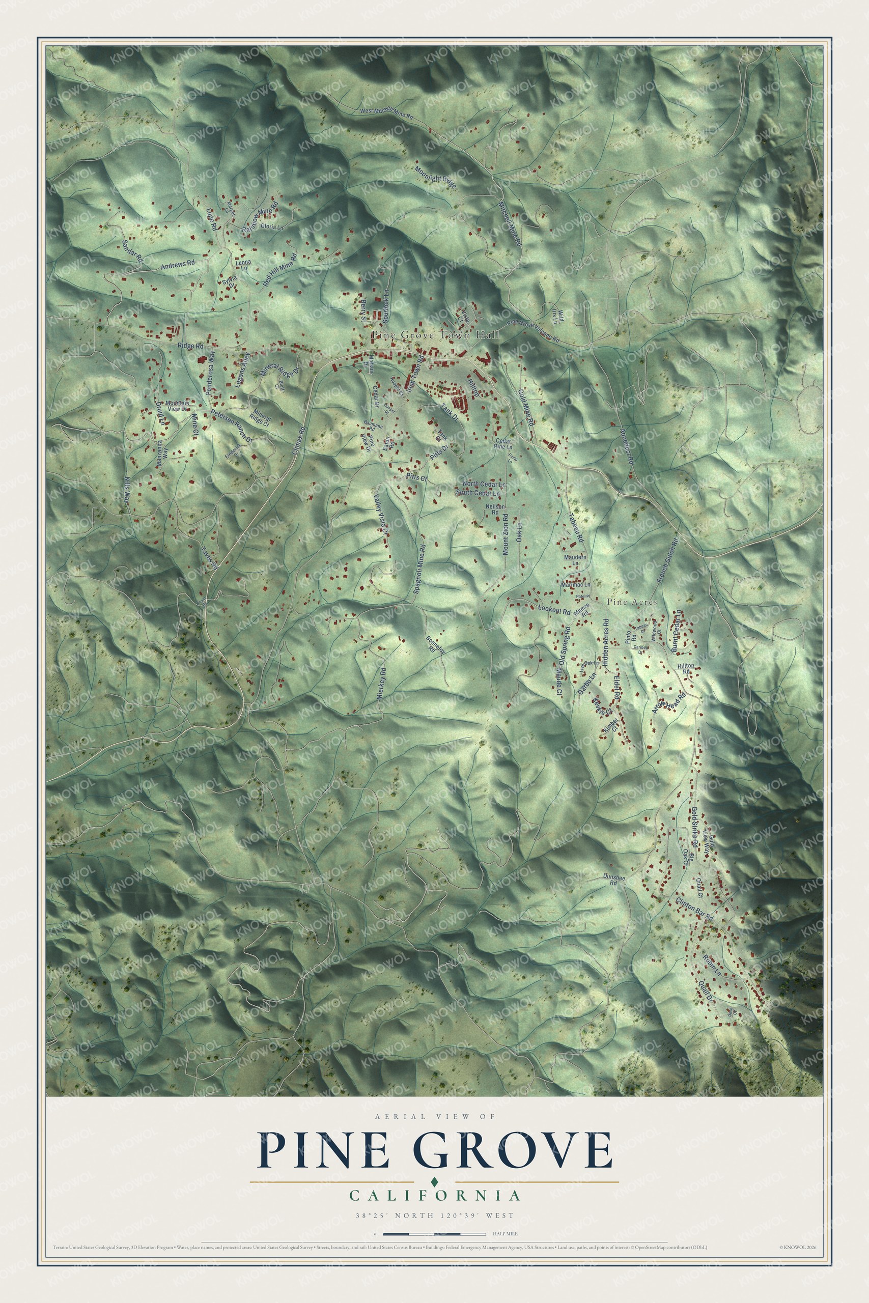 Full map of Pine Grove, California, with red buildings, printed street names and the land around them
