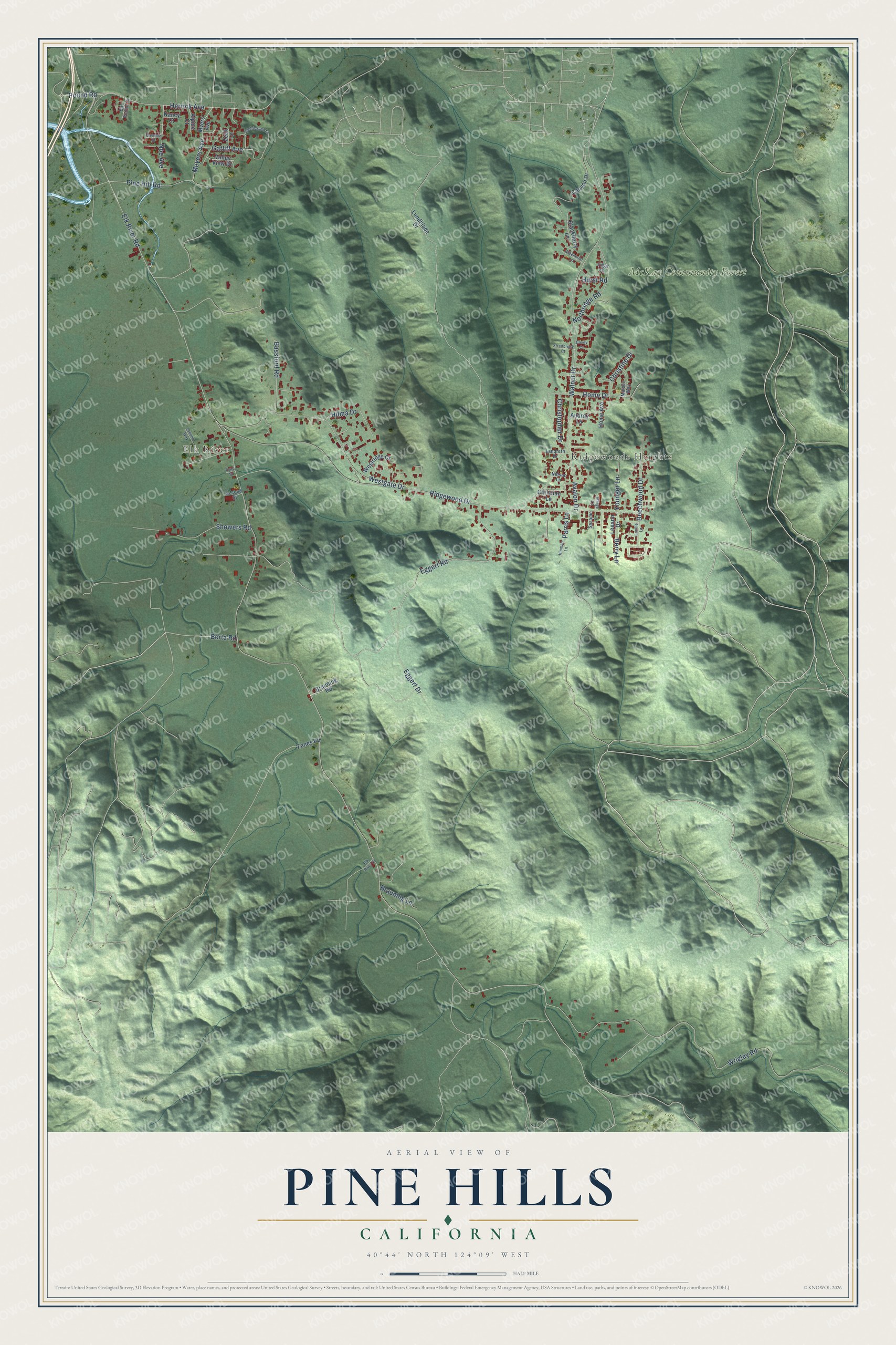Full map of Pine Hills, California, with red buildings, printed street names and the land around them
