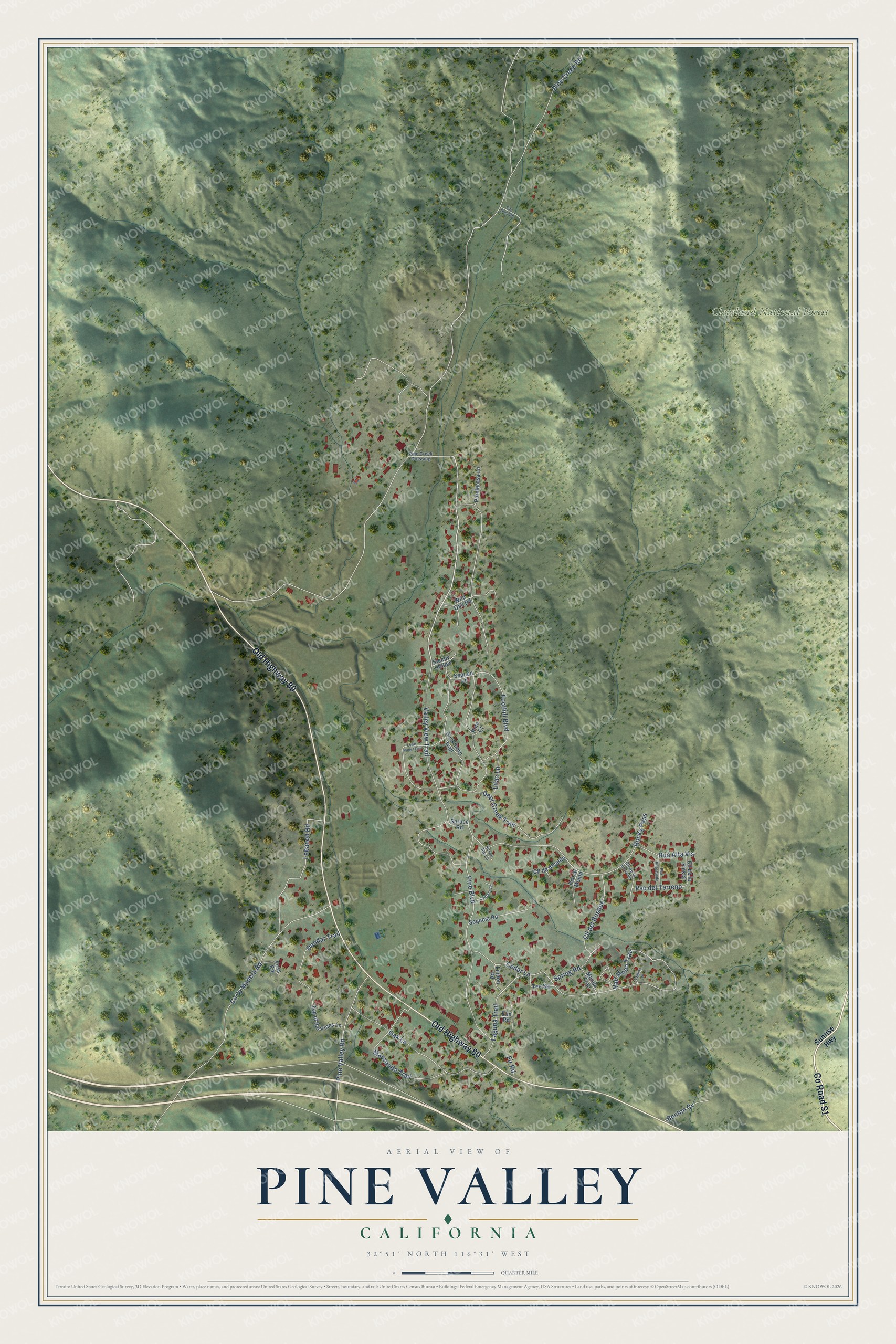 Full map of Pine Valley, California, with red buildings, printed street names and the land around them