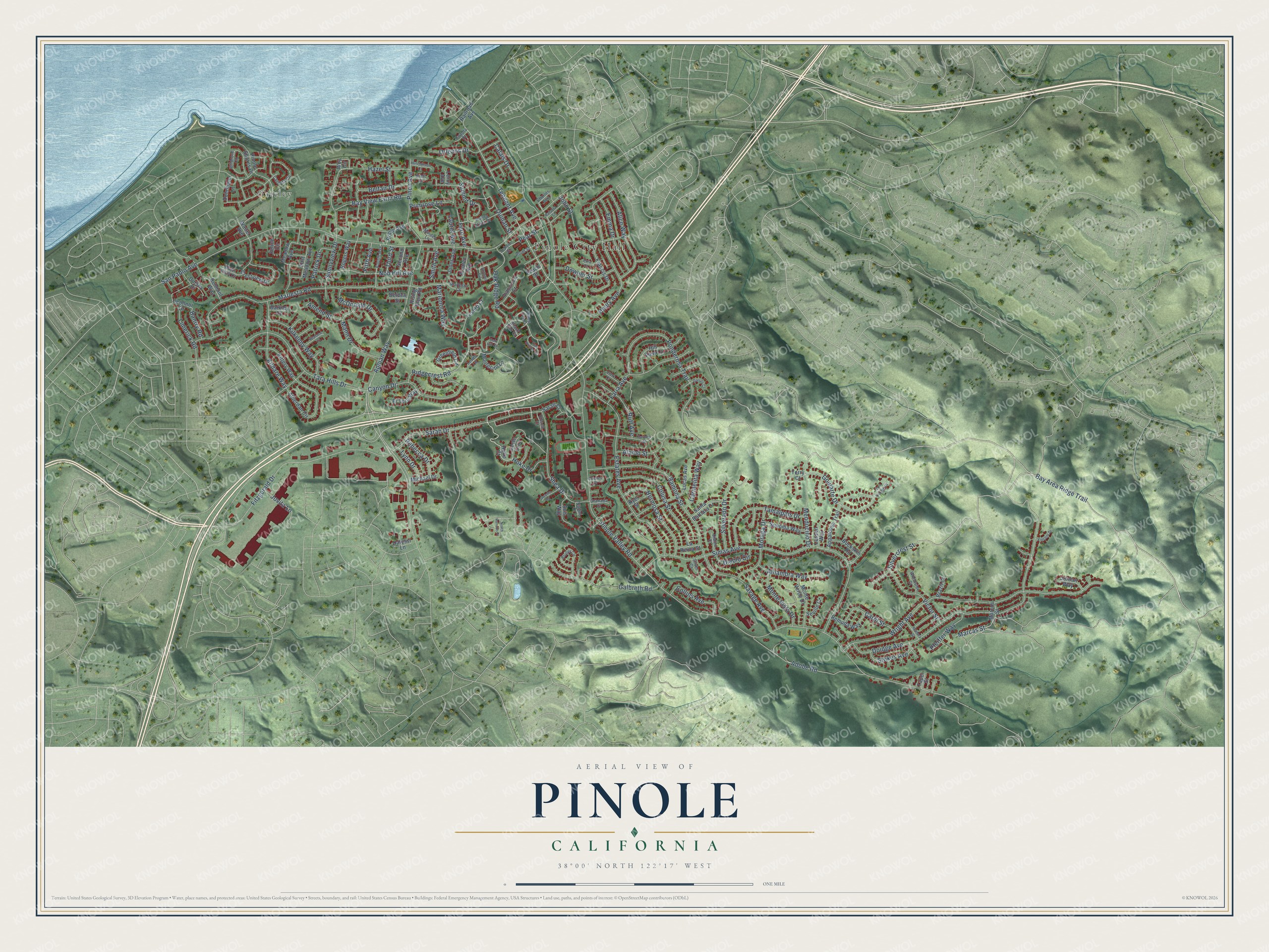 Full map of Pinole, California, with red buildings, printed street names and the land around them