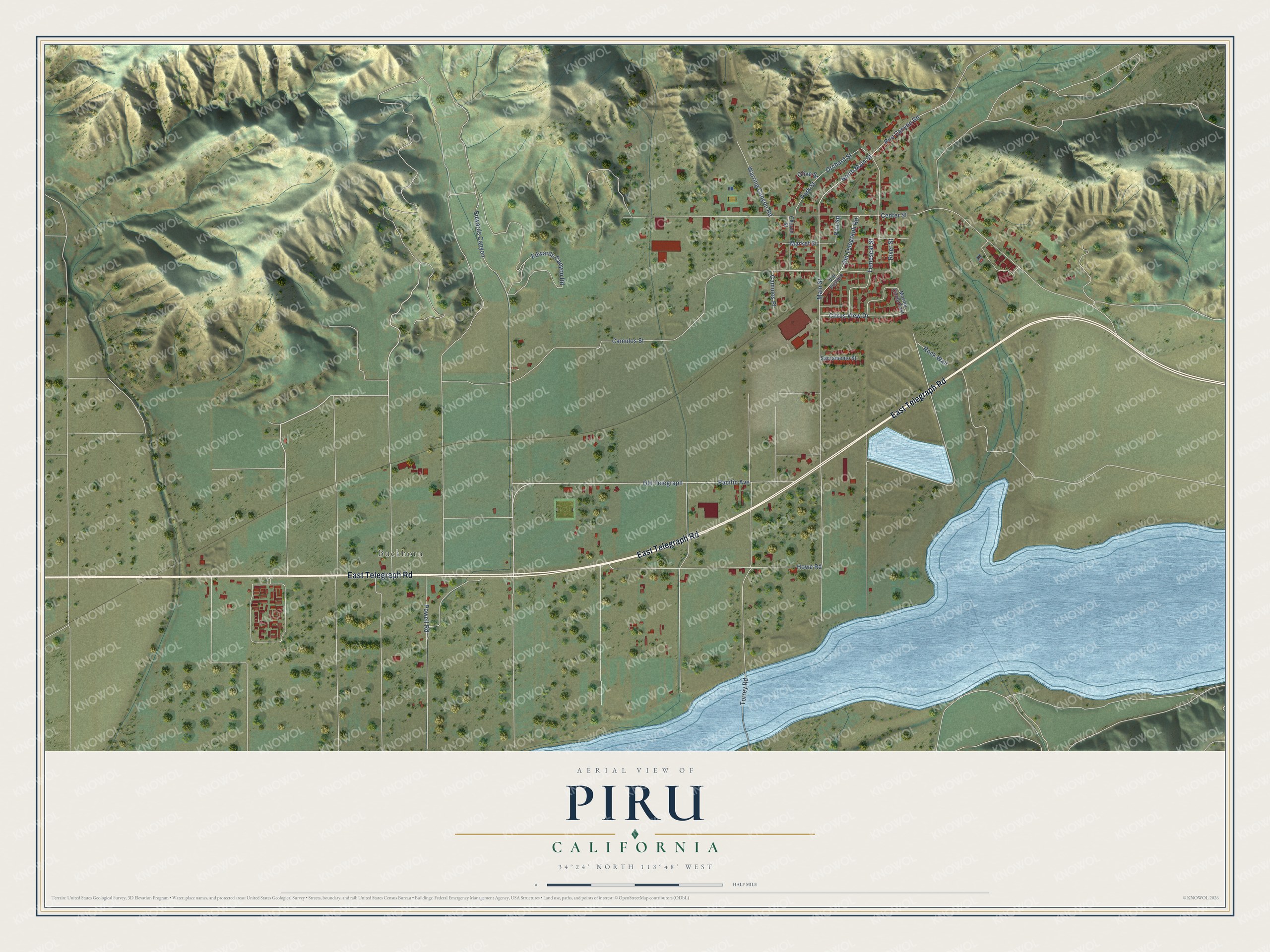 Full map of Piru, California, with red buildings, printed street names and the land around them