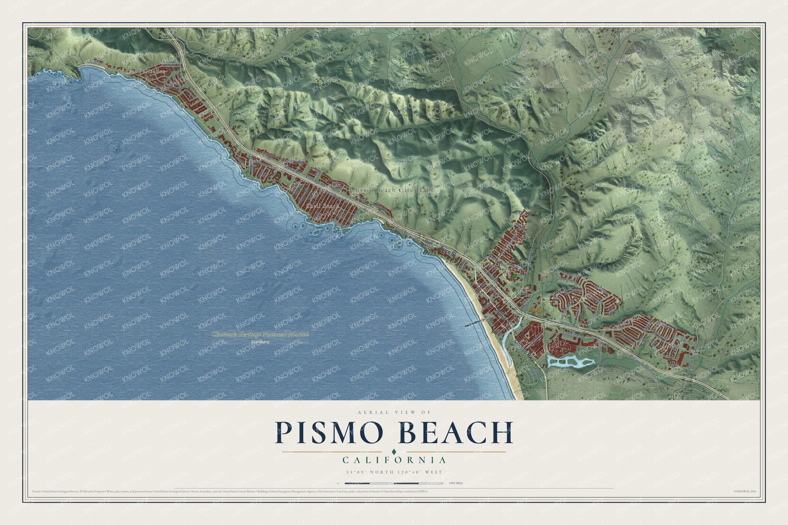 Full map of Pismo Beach, California, with red buildings, printed street names and the land around them