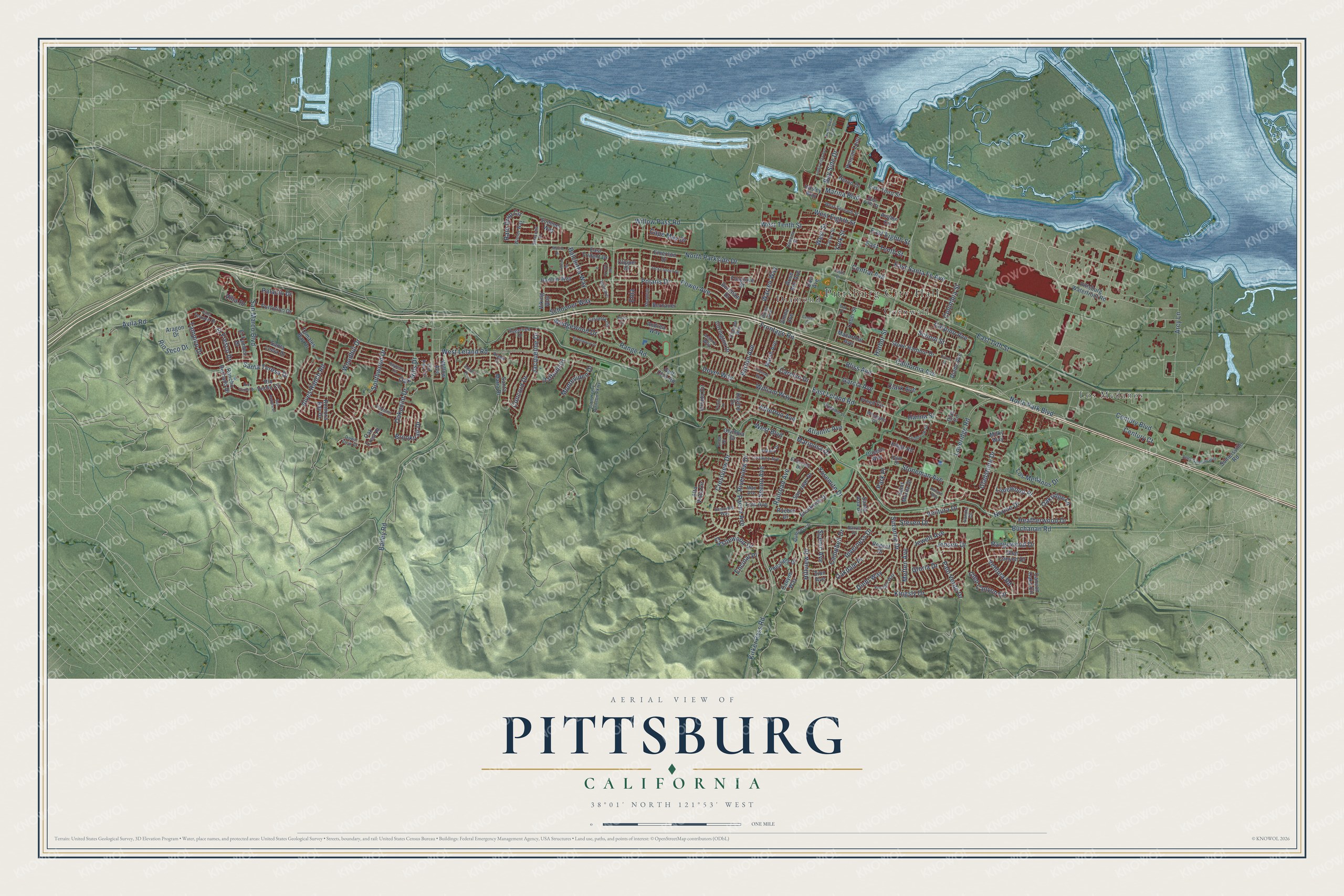 Full map of Pittsburg, California, with red buildings, printed street names and the land around them