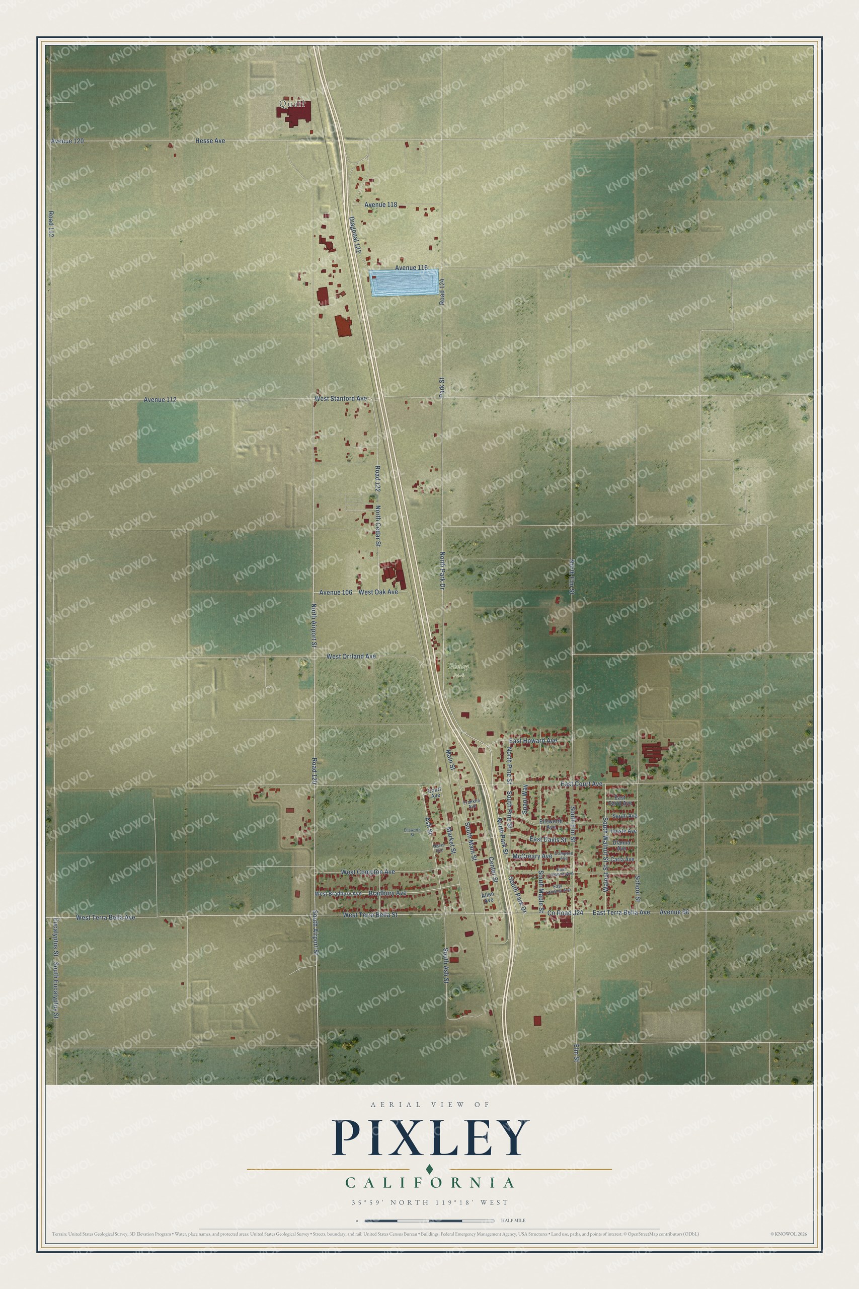 Full map of Pixley, California, with red buildings, printed street names and the land around them