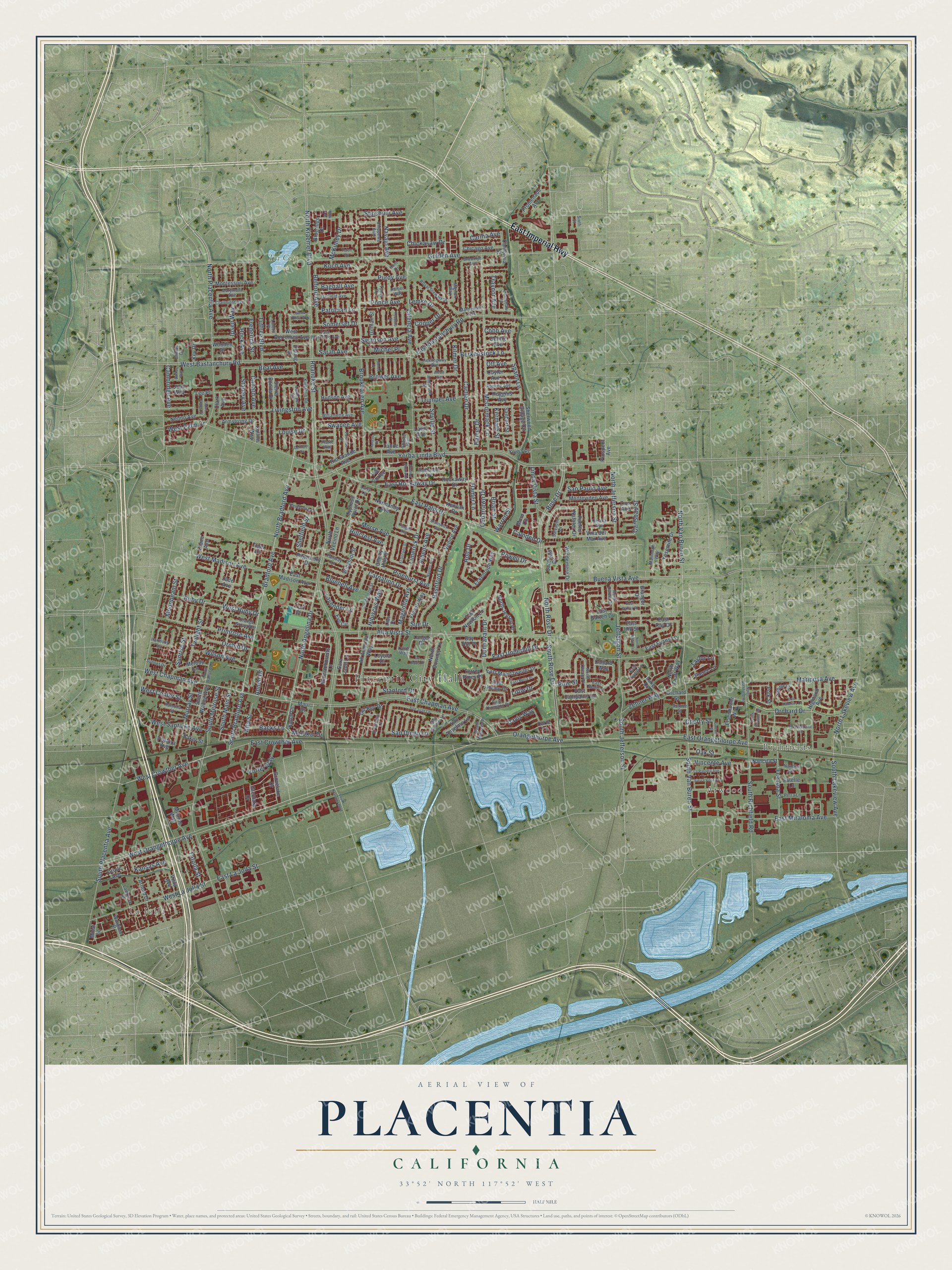 Full map of Placentia, California, with red buildings, printed street names and the land around them